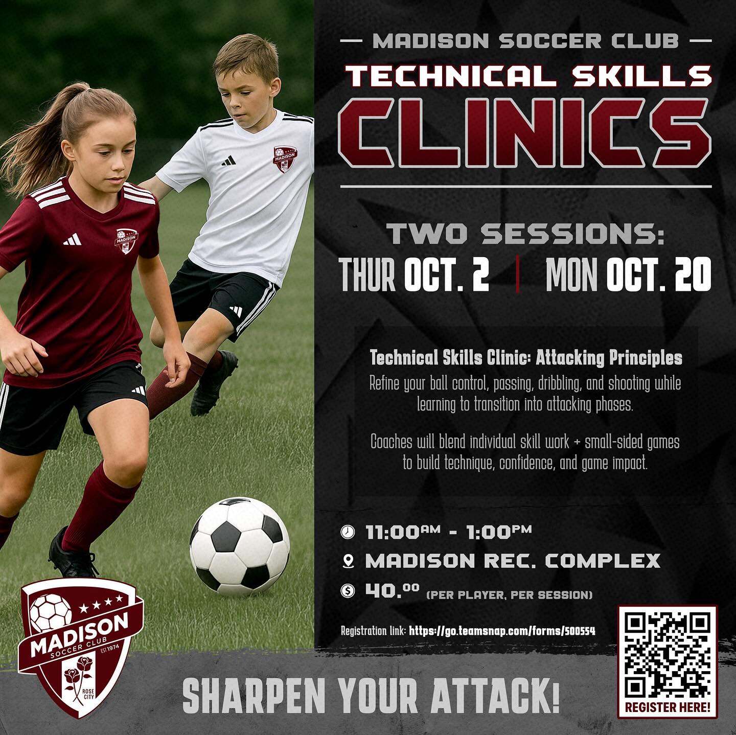 🚨Sign up now for our technical skills clinic Oct 2nd and Oct 20th 11am-1pm at MRC! Sign up for one or both sessions!
https://go.teamsnap.com/forms/500554
