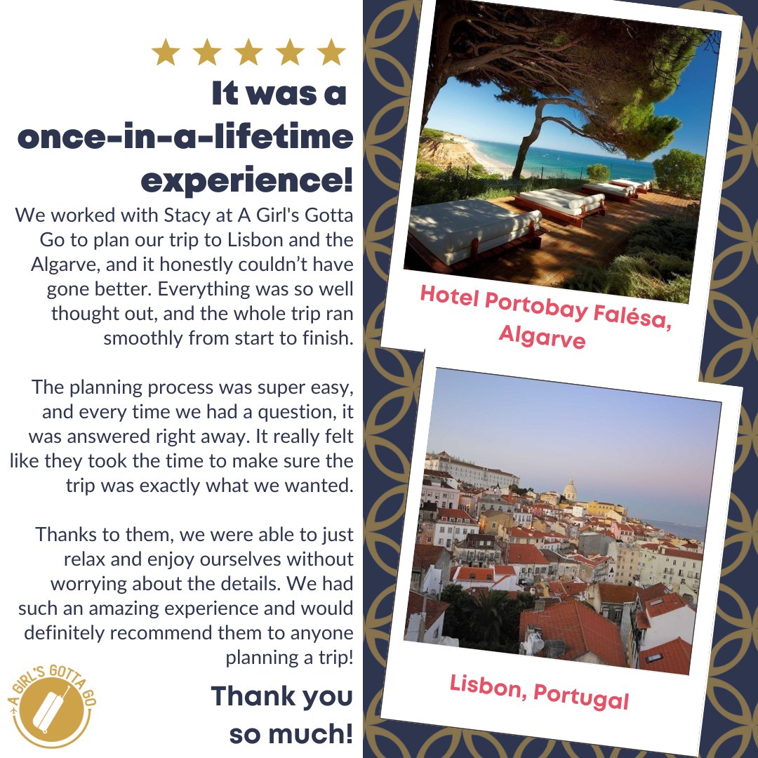 ✨ Client Love ✨
We’re thrilled to share another wonderful travel story! Our clients recently returned from Portugal, where they enjoyed a perfect mix of coastal beauty and city charm.
🌊 In Albufeira, Algarve, they stayed at the gorgeous Hotel Portobay Falésa, taking in sweeping ocean views and the relaxed beachside atmosphere.
🏙️ Then it was off to Lisbon, where the stylish Vincci Baixa Hotel in the heart of the city gave them easy access to explore Portugal’s vibrant culture, history, and cuisine.
We love helping our travelers discover destinations that are just the right balance of relaxation and adventure! 💕
Where will your next journey take you?
#AGirlsGottaGo #PortugalTravel #Algarve #Lisbon #TravelMadeEasy #ClientLove