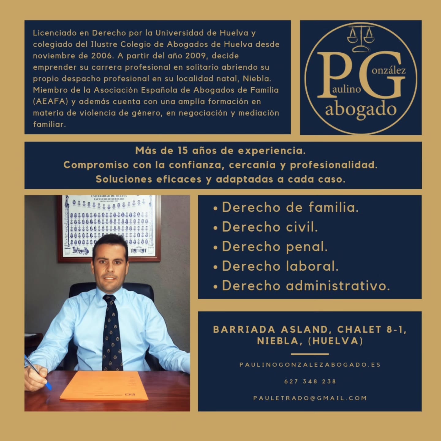 ¡Colaborador onubense!
Desde Niebla presentamos hoy a Paulino, abogado desde hace más de 15 años, su éxito reside en el trabajo personalizado, atento y cercano con el cliente, y en su gran profesionalidad.
Este gran profesional cuanta ahora con la colaboración de Psicología Forense M.Q. para los clientes que lo necesiten.
Con esto despedimos la semana.
💜Feliz viernes y feliz finde a tod@s.