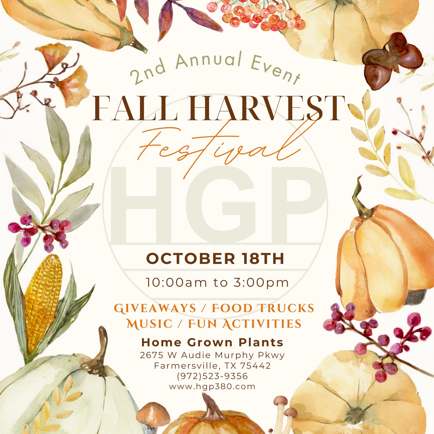 🍂Fall Festival Alert!🌾
Get ready to dive into autumn bliss at our 2nd Annual Homegrown Plants Fall Festival! Whether you’re a fall fanatic or just looking for a fun day out, we’ve got something for everyone.
Swing by for:
🌟 Giveaways & Prizes
🚚 Delicious Food Trucks
🎨 Family Fun for Everyone
🌻 Your one-stop shop for all things mums, pumpkins, pansies, fall veggies and more!
Gather your family & friends, snap a selfie, and make unforgettable fall memories! Don’t miss out on the autumn excitement – see you there!
#hgp380 #Homegrownplants #HomegrownHappiness
#HomegrownHarvest
#PumpkinPalooza #AutumnLove #FamilyFun
#FallFestivalFun #MumLoversUnite
#Farmersville