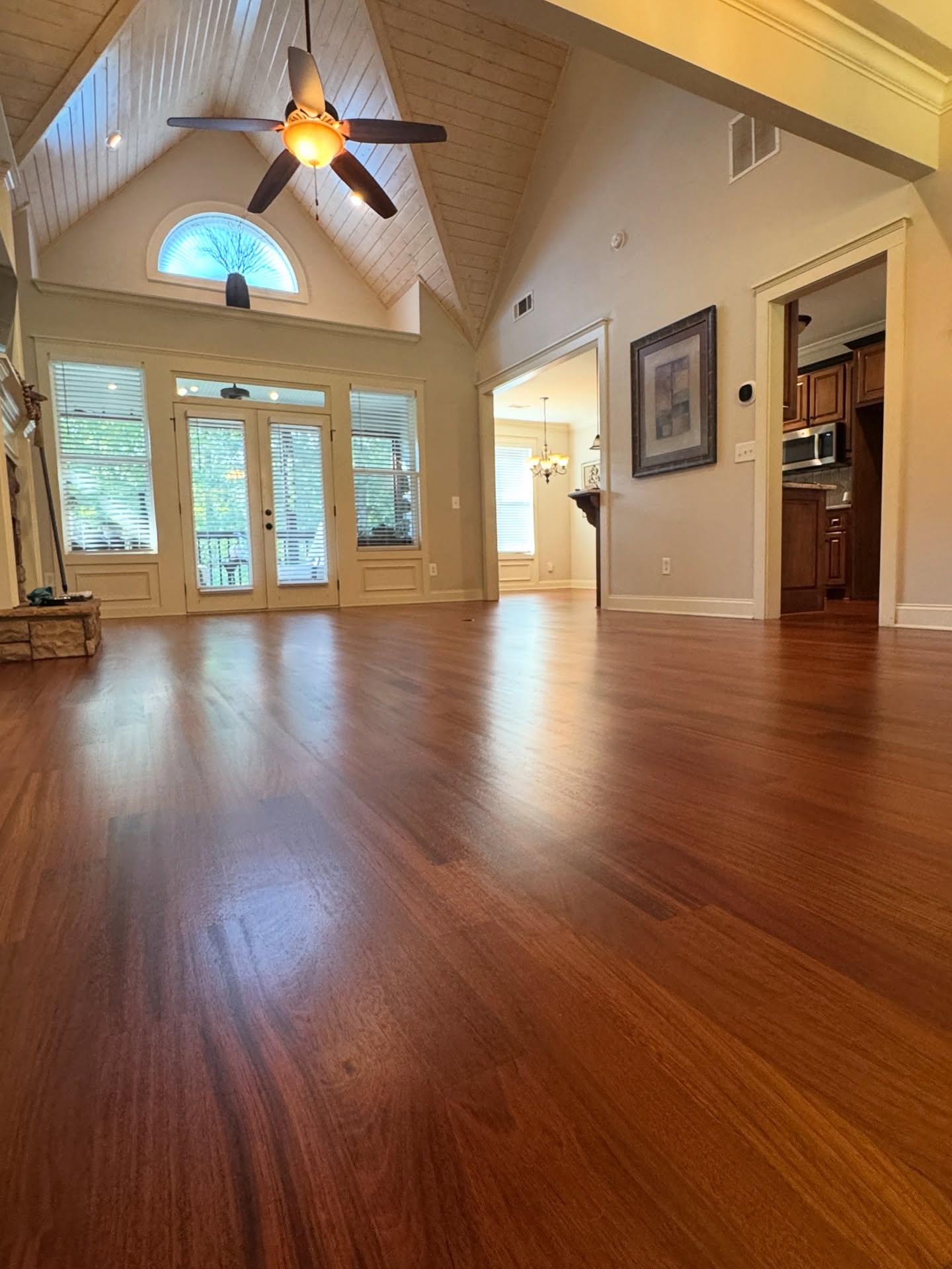 Brazilian Cherry finished with Traditional Oil Based Polyurethane with a satin sheen. Client was super happy with his new floors.