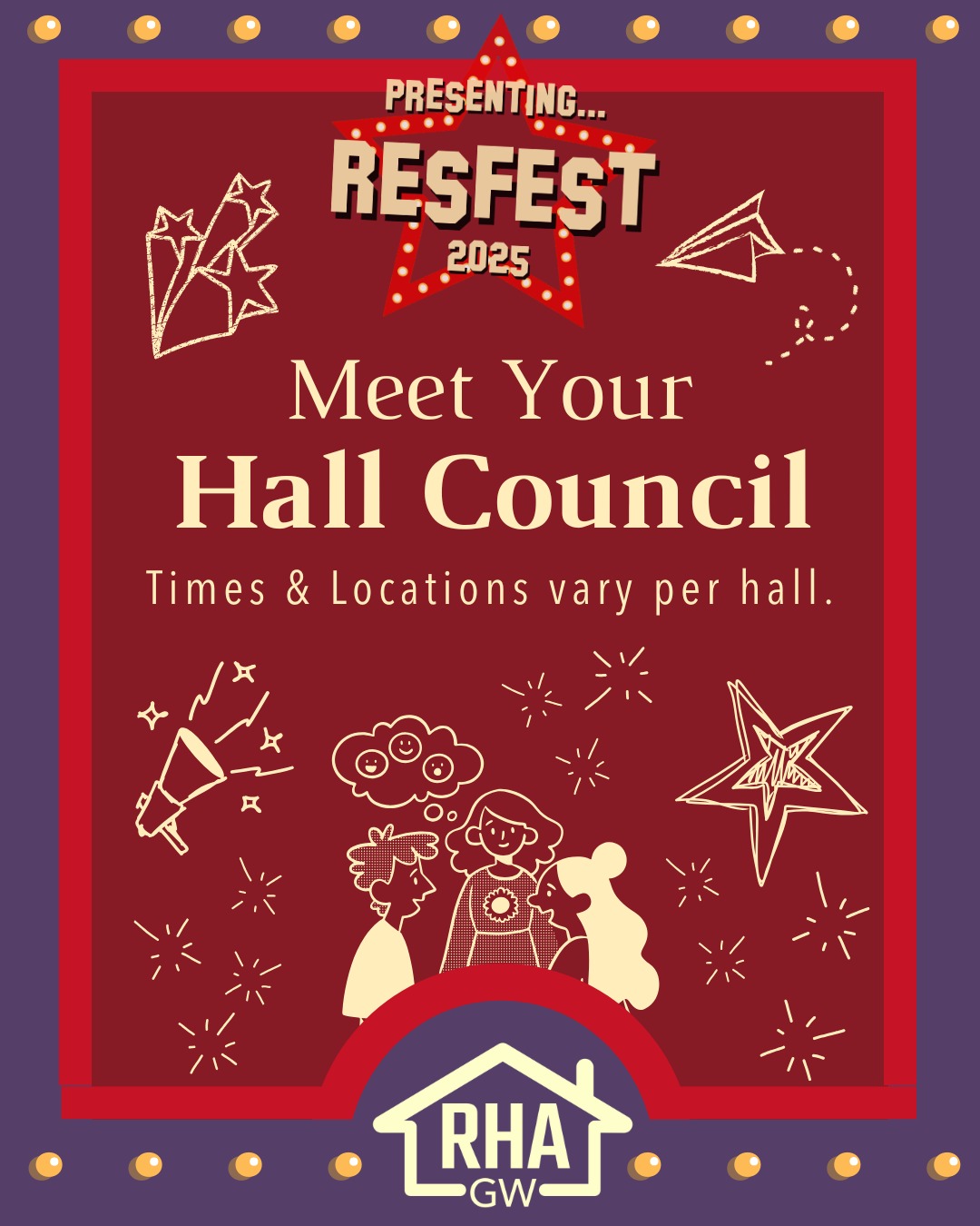 📣 📣 TODAY IS RESFEST DAY ONE 📣 📣
To start off our annual week of events, meet your representatives in the RHA General Body at the Meet Your Hall Council event! Grab some candy, decorate your hall banner, and learn more about what your Hall Council has planned for the year.
Each hall will be hosting its event in various locations, so follow their Instagram account to learn more!
See you there 💃🕺
#resfest #resfest25 #rha #hallcouncil