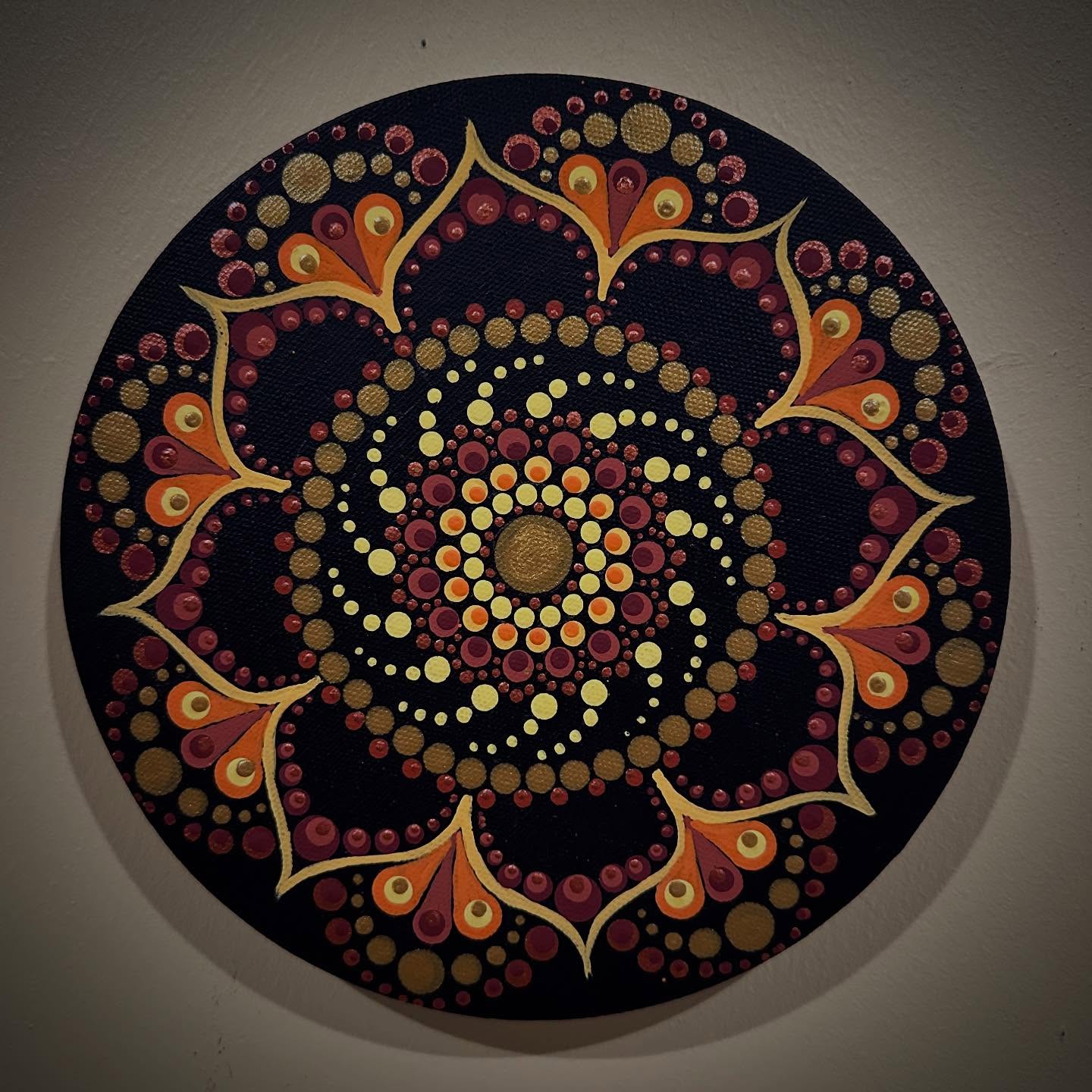 Another little 8 inch autumn flower born last night 🍁
#dotmandala #flow #creativity