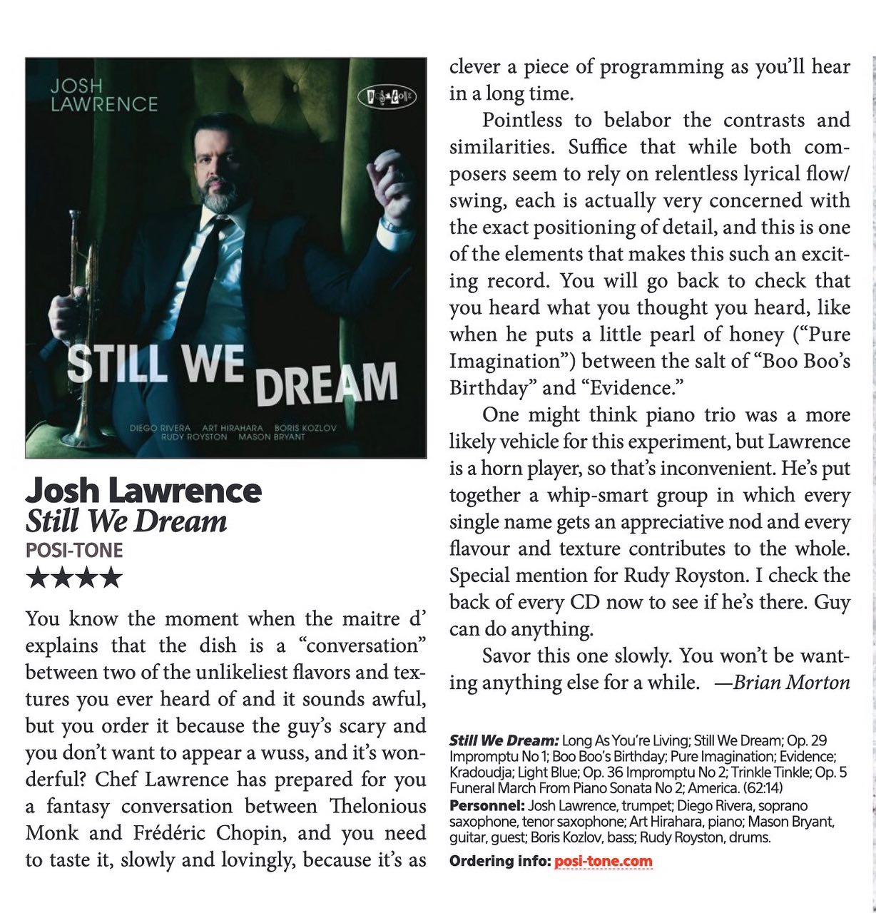 “Inconvenient” ⭐️⭐️⭐️⭐️ from @downbeat_mag thank you @diegoriverajazz @rudyroyston @arthirahara @masonbryant132 @boriskozlovbass @positone_records @olabaldych #scoreorder