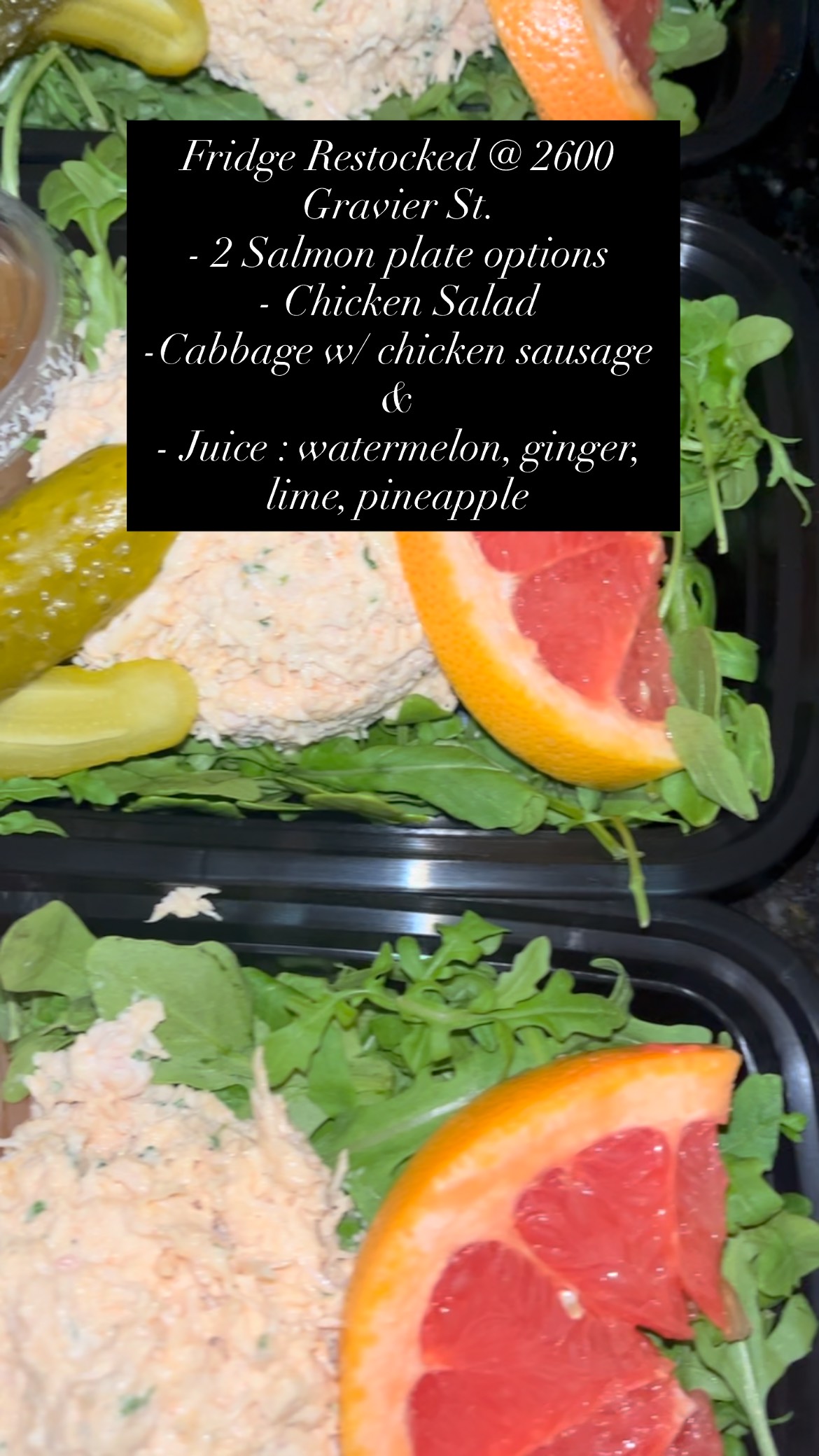 #chickensalad #grapefruit #pickles #salmon #chickensausage #cabbage #juice #MealPlans #healthy #foodie #neworleans #nolafoodie #neworleanscuisine #gym #mealprepideas #mealprep #monday #motivation #neworleansmealprep #nola #fitness #workout #weightloss #weightgain #eat #food #inspiration