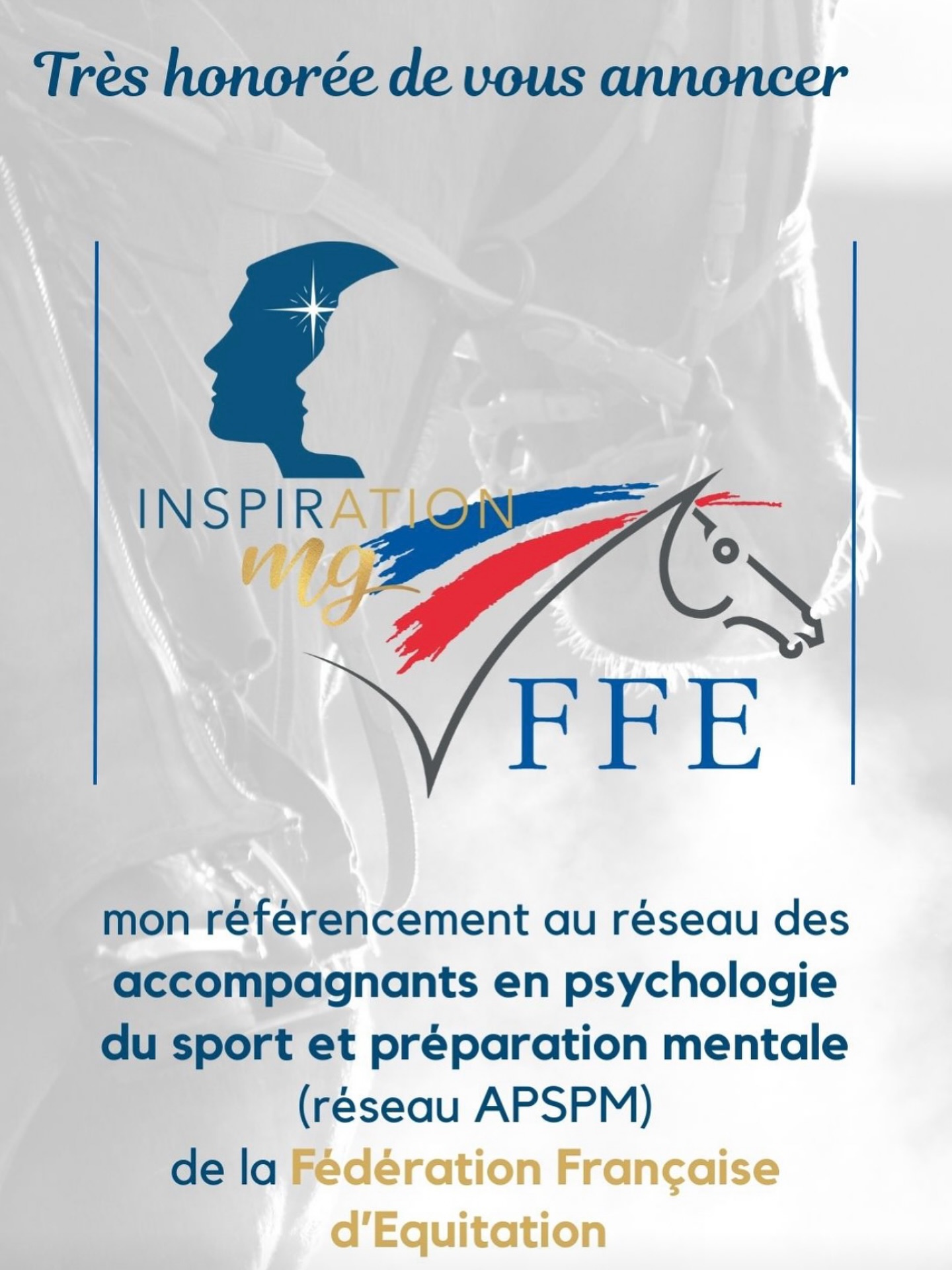 🐴 Très honorée de vous annoncer mon référencement au réseau des accompagnants en psychologie du sport et préparation mentale
(réseau APSPM) de la Fédération Française d’Equitation.
Je rejoins ainsi un réseau de professionnels experts de la dimension mentale, qui accompagnent chaque jour des cavaliers amateurs, professionnels et de haut niveau.
Ce référencement je le dois aussi à votre confiance dans les accompagnements réalisés ensemble.
Un immense MERCI à vous et à la fédération @ffequitation pour cette reconnaissance et votre confiance 🙏🏼 ☺️
#FFE #reseauApspm #equitation #preparationmentale #accompagnement #confiance #bienetre #cavaliers #cavaliere #cavalierbordeaux #equitationbordeaux #bordeaux #dressage #cso #cce #cci #equitationfrançaise #performance #Sophrologie