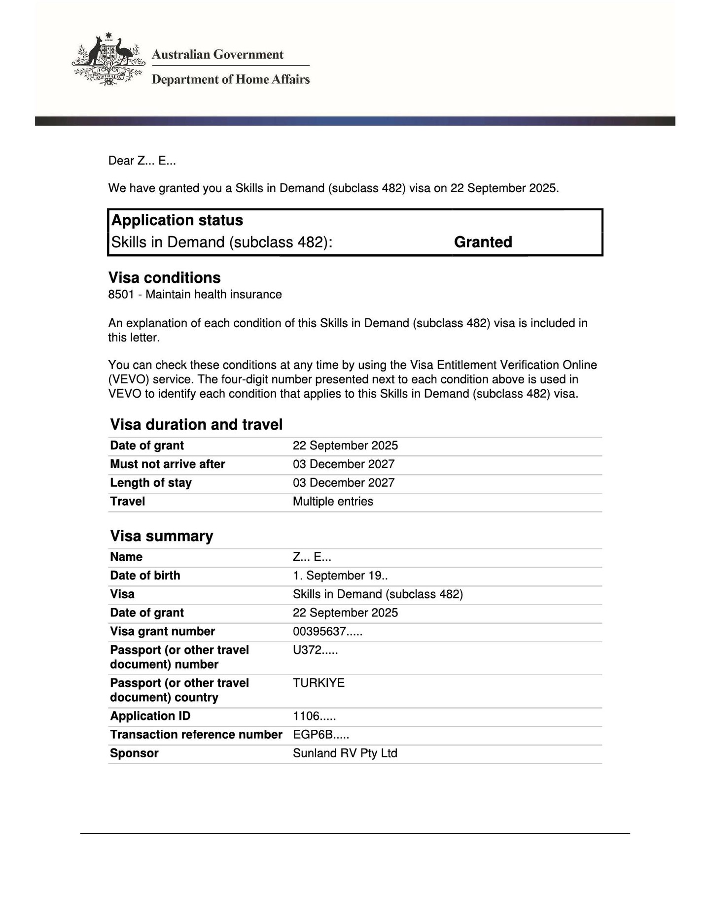 Skills In Demand Visa Subclass 482 Granted!
The Subclass 482 Visa is a work sponsorship visa that allows you to live and work in Australia if an employer is willing to sponsor you.
No need for skill assessment and
PTE Academic English Only Need to Score: L 33 | R 36 | W 29 | S 24
Only 1 year of full-time experience in a core skills occupation is needed, and this visa leads to a PR.
This visa is a fantastic option for those looking to build a future in Australia, while giving employers the chance to fill positions with qualified and experienced talent.
Contact me today
Let’s explore your options together
Ilgin Azazi – Registered Migration Agent
MARN: 2318123
📞 0416049021
info@visa-australia.com.au
www.visa-australia.com.au
#VisaAustralia #482Visa #WorkSponsorship #EmployerSponsoredVisa #SkilledVisa #PermanentResidency #MigrationAgent #AustraliaImmigration #MARN2318123 #ilginAzazi