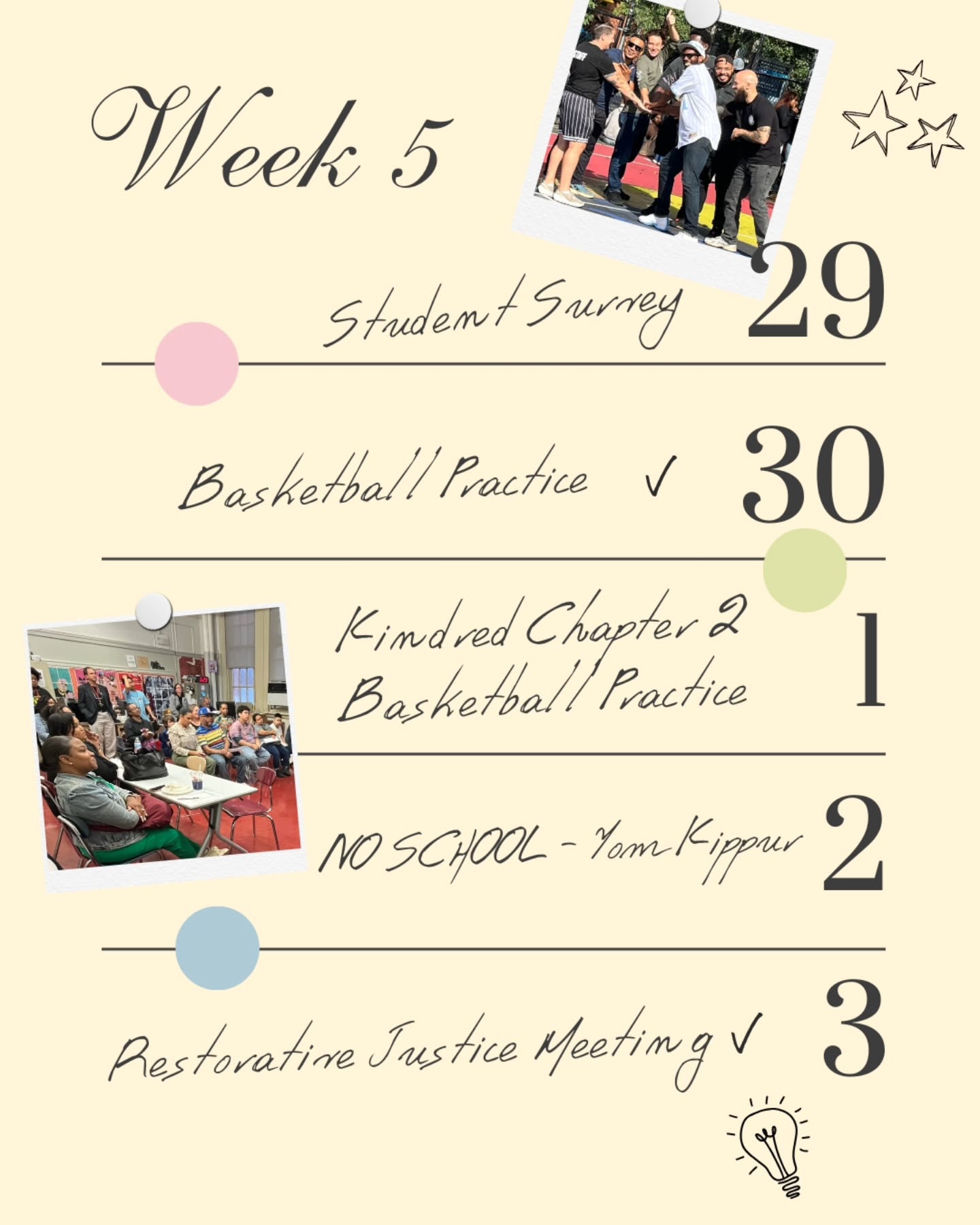 Hey Forsyth! It's week 5! This week, we have a student survey on Monday and basketball practice on Tuesday and Wednesday. Also, on Wednesday, we continue with our school wide reading of 'Kindred'. No school on Thursday in observance of Yom Kippur. And on Friday, we will have our Restorative Justice meeting.
#week5 #forsythsatelliteacademy #survey #basketball #basketballpractice #KindredReads #kindred #restorativejustice #forsyth #nyc #nychighschools #nyctransferschools #consortiumschool #experientiallearning