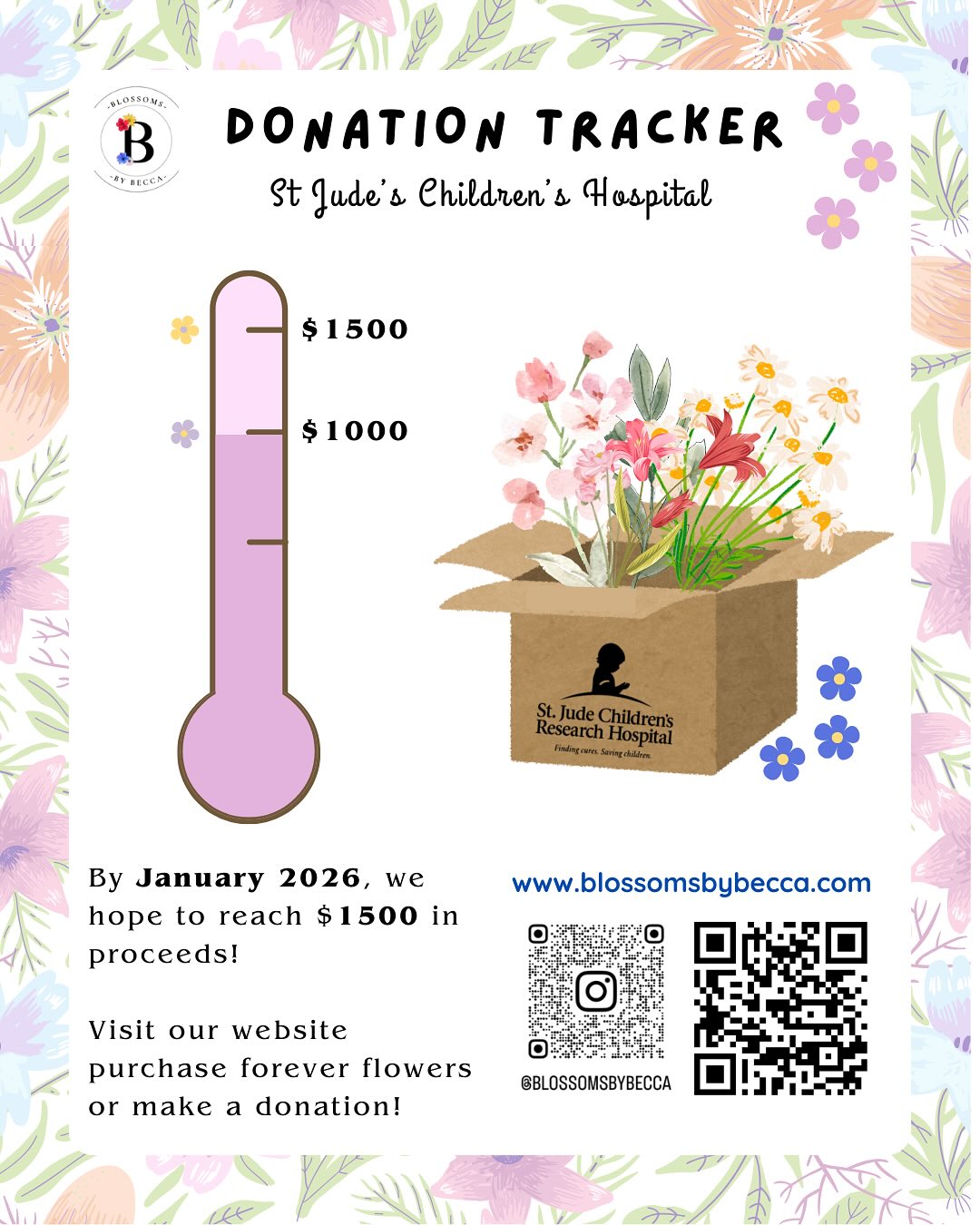 Help us reach our goal of $1500 by January! You can find us next Monday 10/6 at @jacksonhallbargrille we hope to see you there😊🌷
#blossomsbybecca #foreverflowers #stjude #jacksonhallbarandgrille