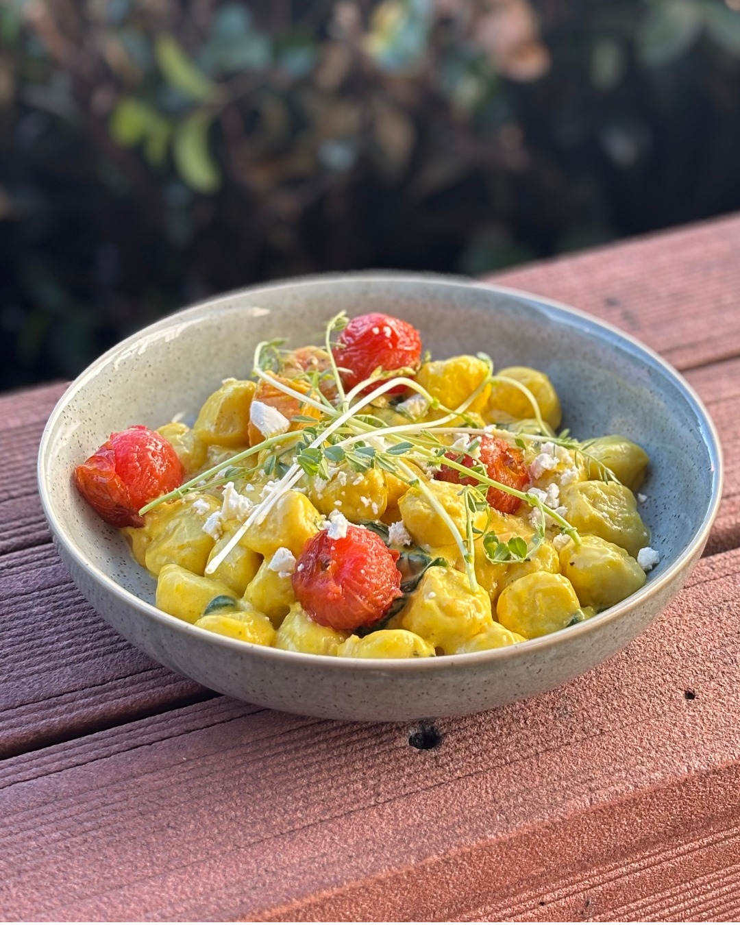 Soft pillows of gnocchi in a saffron cream sauce, roasted tomatoes popping through, feta keeping it salty. Fork required, sharing optional.