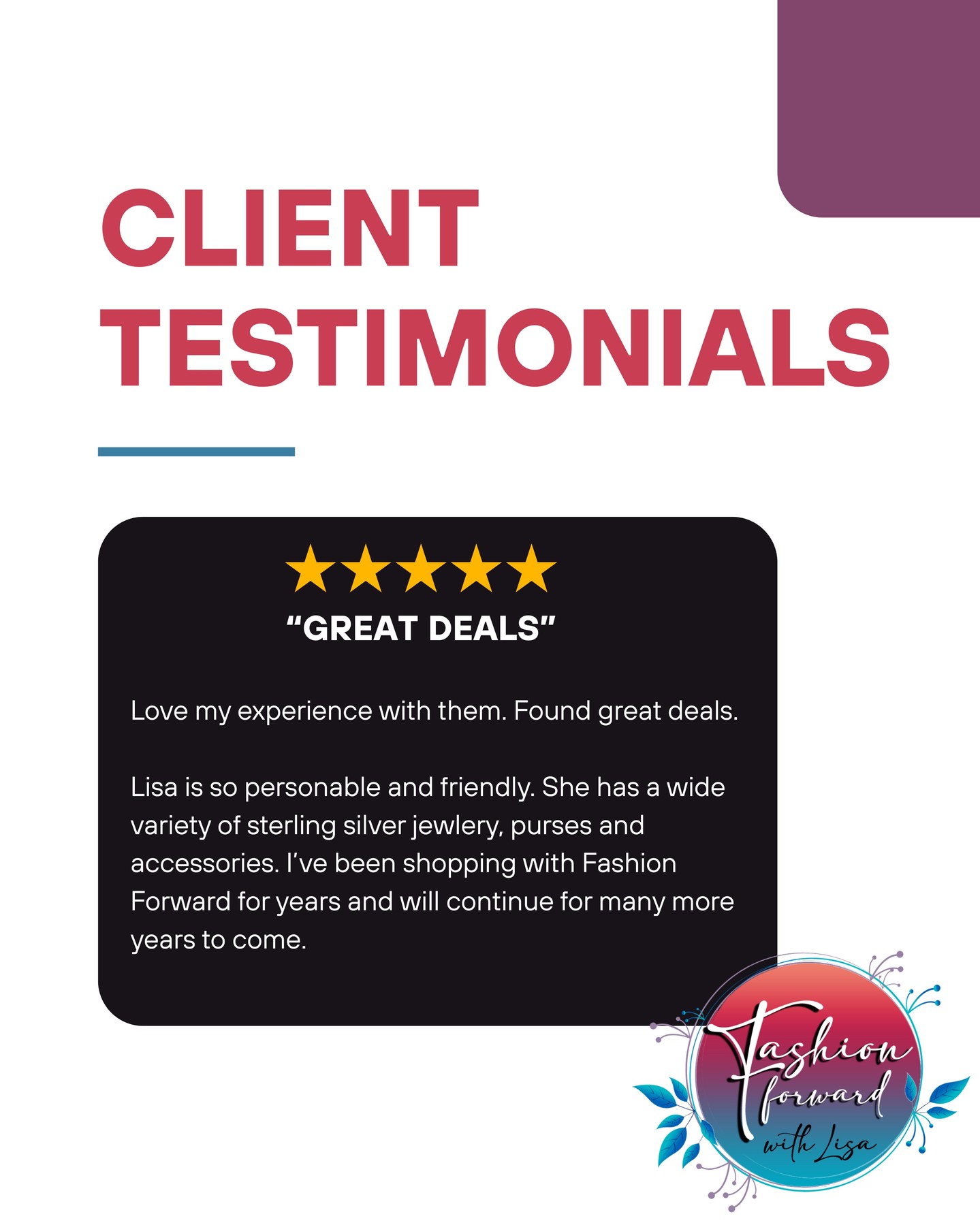 I can't thank you enough for taking the time out of your day to leave us a 5 star review. Thank you for your kind words.
visit us online at:
FashionForwardWithLisa.com
and check out our 5 star reviews on google.
#fashion #FashionTrends #fashionstyle #smallbusiness #smallbusinessowners #longisland #suffolkcountyny #nassaucountyny #FashionForward #FashionFinds #clothing #handbags #lakegrove #smallshopsdreambig #womensaccessories #jewelry #shopnow
#womensclothing #womensclothingstore
#shopping #shoppingonline