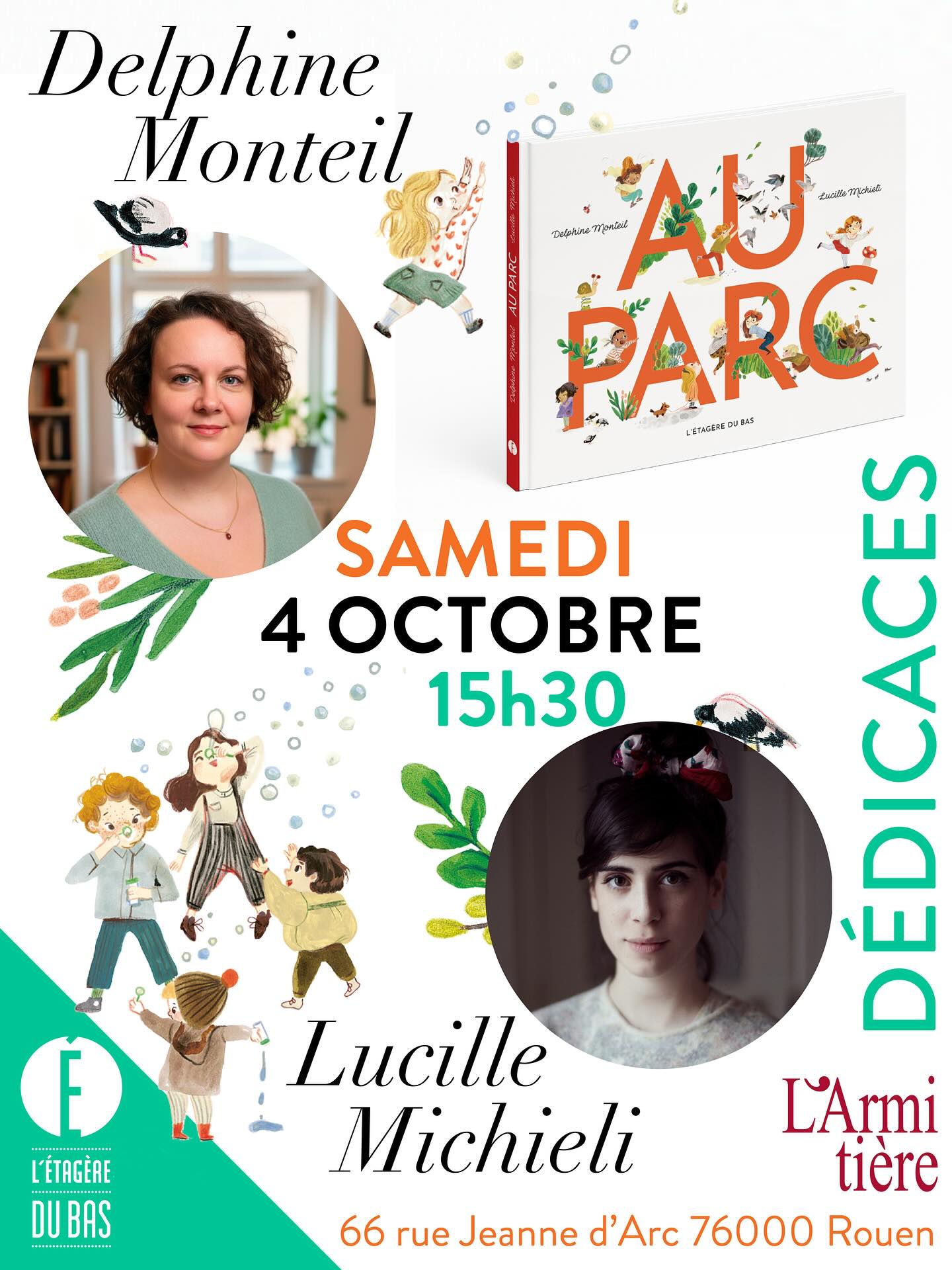 À vos agendas, les Rouennais !
En avant-première, @lucillemichieli et @delphine_monteil vous présenteront leur album « Au parc » samedi 4 octobre à la librairie @armitiere. Un atelier pour enfants (déjà complet) aura lieu de 14h30 à 15h30, rendez-vous ensuite pour une séance de dédicaces à partir de 15h30 au 1er étage. Le livre s’adresse aux enfants entre 2 et 8 ans. Venez nombreux ! #letageredubas #albumjeunesse #auparc #delphinemonteil #lucillemichieli #larmitiere #rouen #seancedededicaces #litteraturejeunesse #harmoniamundi #editionindependante