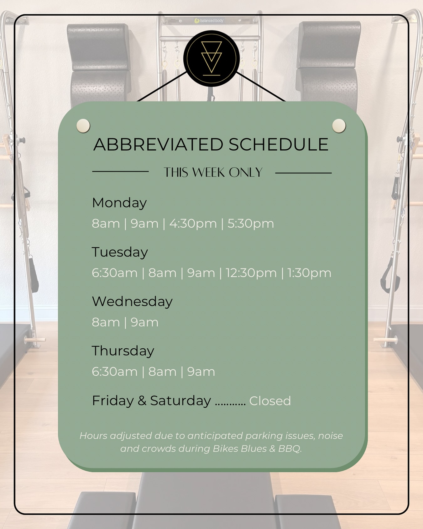 With Bikes, Blues, & BBQ rolling into DTR, the only thing tighter than your core is going to be the parking situation! 🤯
Your peace of mind matters! We’ve tweaked our class times this week to help you sidestep the frenzy.
Check the latest schedule and book your classes now! Let’s make sure the only thing giving you a sweat is your Pilates session! 💪
#classicalpilates #pilatesforallbodies #abbreviatedschedule #parkingcongestiondodgeball #godowntownrogers #supportingyourmovement