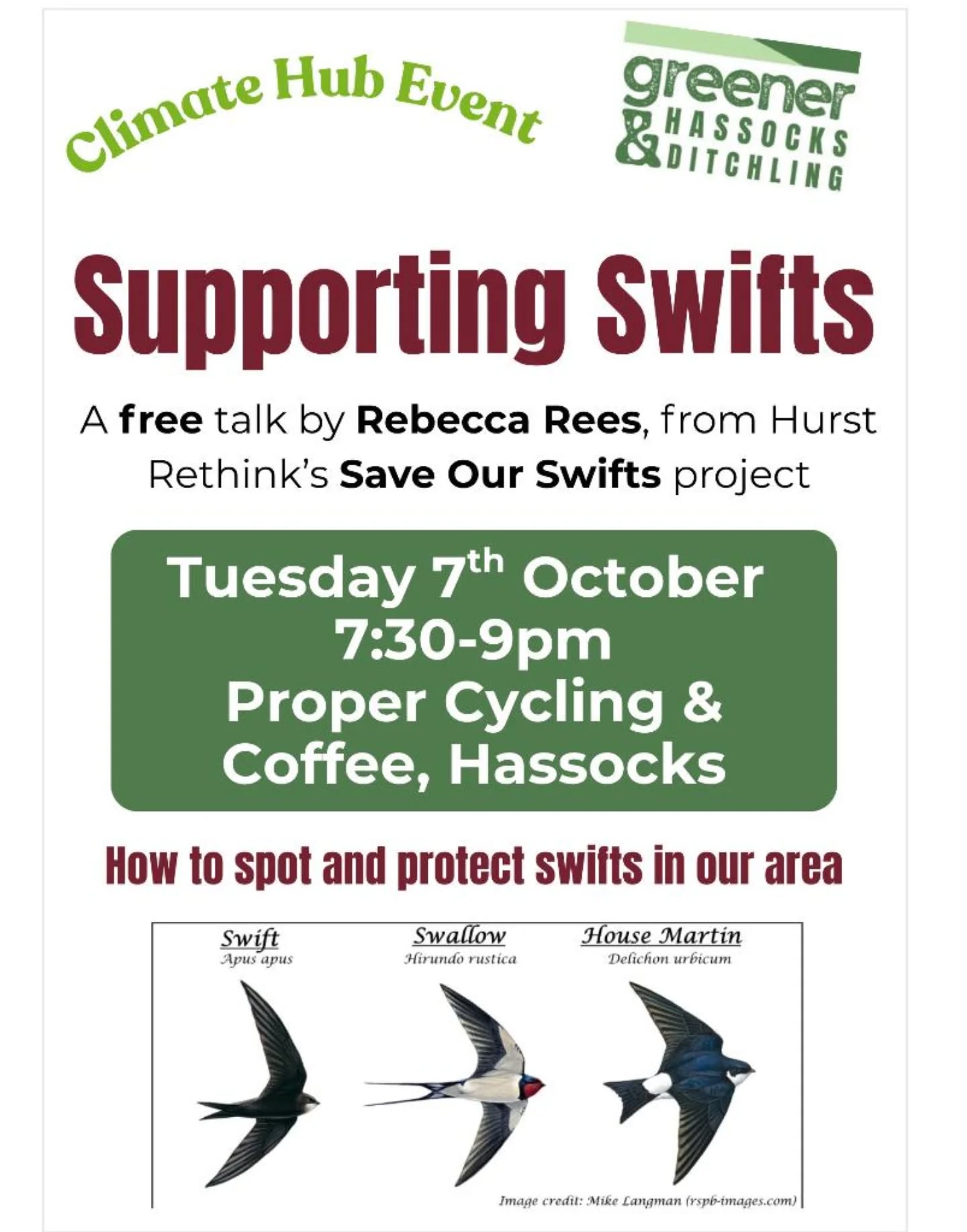 📢 Supporting Swifts! Are you interested in how we can protect and grow our local swift populations? Come along to our Climate Hub Event on Tuesday, 7th October, at Proper Café, Hassocks and find out how!
We're delighted that Rebecca Rees, from Hurst Rethink's 'Save Our Swifts' project, will be coming to talk to us about how to encourage swifts to nest in our villages. By identifying where swifts are already nesting in Hassocks, Keymer and Ditchling, and installing swift boxes to support those colonies, we can aim to establish a swift corridor in our area.
Most young swifts will have fledged by now and will have left their nests, but if you spotted any swifts in the area over the summer, please do come along and share your knowledge. Identifying where swifts have nested this year is essential for deciding on the best locations for instaling new nesting boxes 🪺
We can't wait to hear about the work being done locally to support these fascinating migratory birds and to find out how we can encourage the local population. Everyone is welcome, and no booking is required. Tuesday 7 October 2025, 7.30-9pm @propercycling