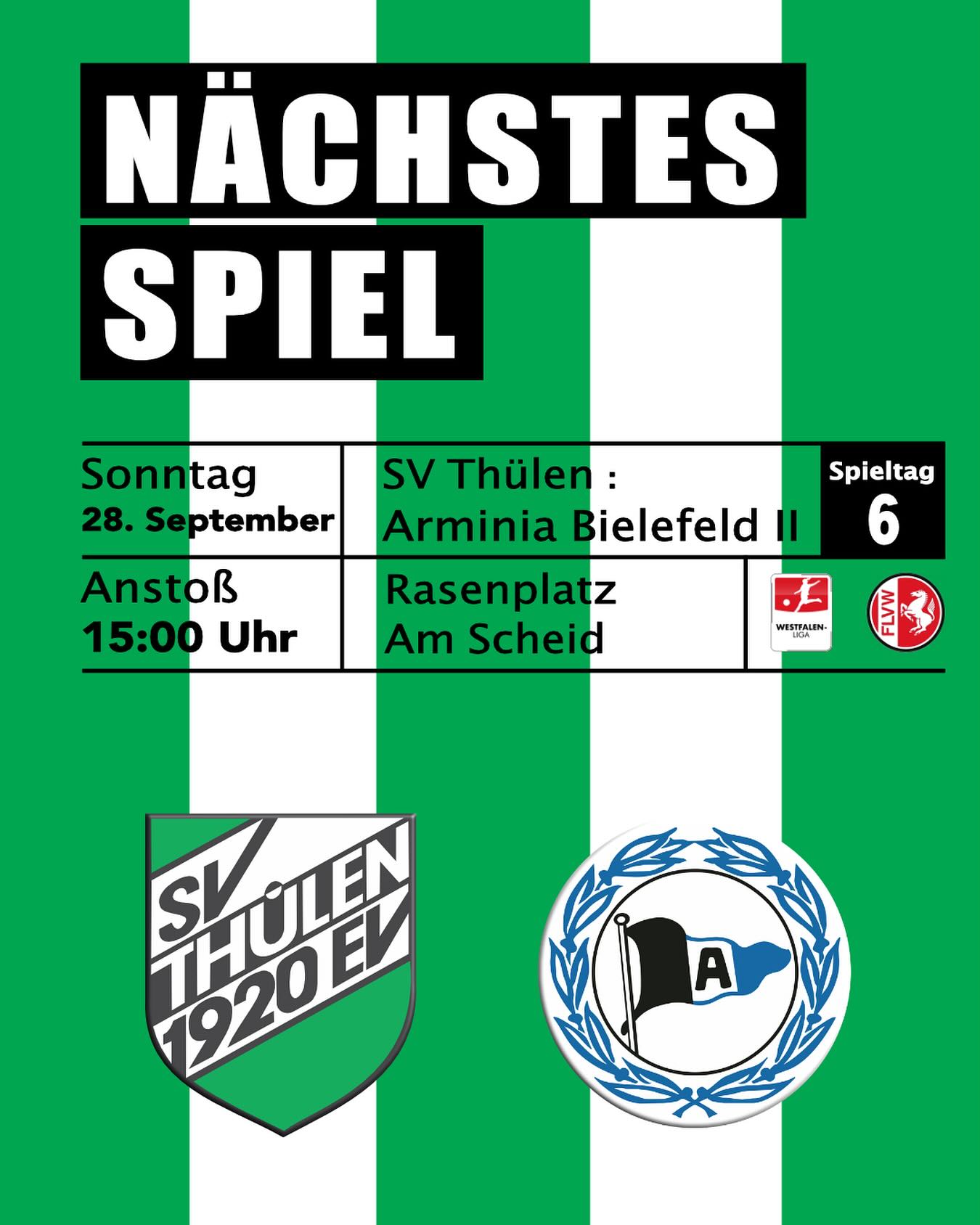 ⚽ Arminia Bielefeld zu Gast am Scheid ⚽
Am 6. Spieltag in der Westfalenliga haben die Fußballdamen des SV Thülen wieder eine harte Nuss zu knacken.
Die Mannschaft vom Trainerduo Werth/Heinke empfängt die zweite Mannschaft des DSC Arminia Bielefeld am Scheid.
Die Gäste von der Alm gehören mit 11:6 Toren und 12 Punkten aus 5 Partien hinter dem FC Schalke 04 und dem BVB II zum Spitzentrio der Liga.
In der letzten Saison waren die Arminen zweimal erfolgreich gegen den SV Thülen. Am Scheid setzte sich der DSC mit 3:1 durch und im Rückspiel behielt der Gastgeber bei einem
3:2 knapp die Oberhand. In der Endabrechnung stand Tabellenplatz 6 zu Buche.
Die Grün-Weißen werden auf heimischem Geläuf natürlich alles daran setzen um nach drei sieglosen Meisterschaftsspielen endlich wieder etwas Zählbares einzufahren.
Anstoß der Partie ist am Sonntag, 28.09.25, um 15 Uhr auf dem Rasenplatz in Thülen.