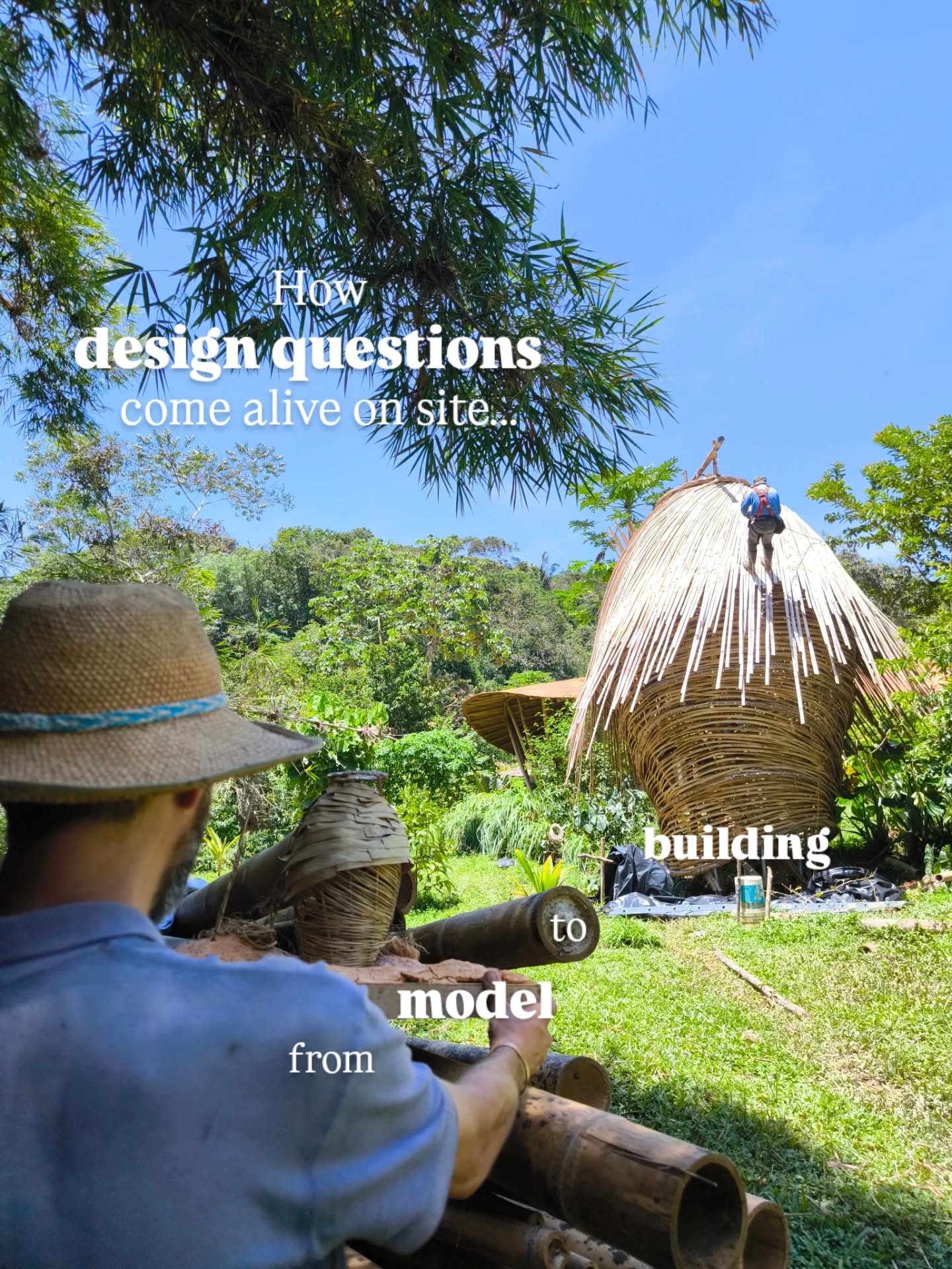 This is the ongoing experiment of building organically, where design doesn’t end with drawings, but evolves in connection with the material, the place and the people.
.
Although we begin a building with a physical model and often also a computer model, the design changes significantly during the construction process as we feel our humanness in relation to the structural and spatial qualities being created.
.
We keep asking ourselves questions throughout the construction process... How does it feel? How does it enhance the originating gesture?... and we are happy to make bold changes on site. After all, the model and the design intention are just the starting point - what is created is the reality.
.
In this way, building with bamboo is as much a design dialogue as it is a construction process.
.
#bambooarchitecture #designprocess #bamboodesign #bamboolab #construction #designquestions