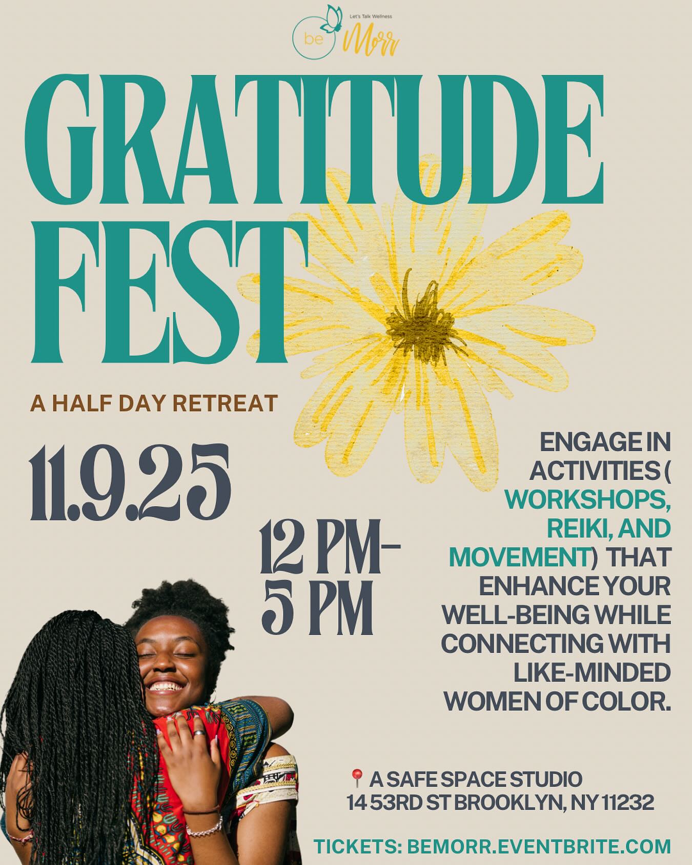 Pull up to Gratitude Fest this year sis! 🎉✨
This is our way of slowing down before the year ends and the holiday chaos hits. Before you start pouring into everyone else, let’s pour back into YOU.
Come connect with like-minded women who are just GOOD VIBES. Engage in juicy, reflective convos. Move your body. Celebrate how far you’ve come this year!!
We’re thrilled to be hosting this year’s half-day retreat at @asafespacestudios on Sunday November 9th from 12-5pm
We got some wonderful friends pulling up and sharing their talents with us @thetidytrainer @praypartyrepeat @ebonysmindfulmoves2
This is our thank you for showing up for us all year long. For trusting us with your healing. For being part of this beautiful community. Now it’s time we celebrate YOU properly! 💛
Mark your calendar, set your reminder, tell your group chat - tickets available now! Link in bio before you forget 🤓
#GratitudeFest2025 #BeMorr #HalfDayRetreat #WomenOfColor #GoodVibesOnly #CommunityHealing #NYCWellness #EndOfYear #SelfCare