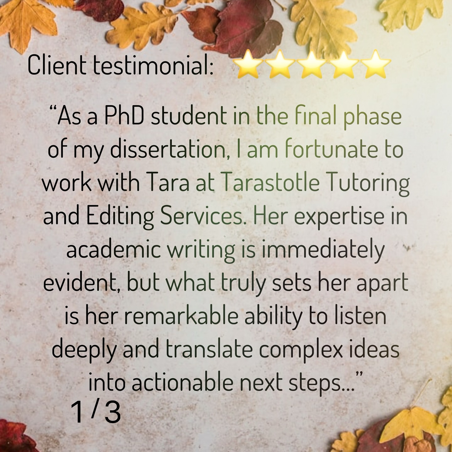 If you’re writing your PhD dissertation, you don’t have to struggle alone! Dissertation coaching and editing is my specialty. 📚📖📝
I offer asynchronous editing and synchronous Zoom tutoring options. Either way, I personalize my coaching and feedback to the client’s individual situation.
I’m a teacher at my core, and I think that comes through in my editing and tutoring style. I make sure my clients understand the reasoning behind the writing and revising suggestions I give them. This allows them to build up their own written voice and improve their confidence and communication skills over time.
If you’re looking for someone to bounce ideas off of or someone to review any early draft of your academic paper or dissertation chapter, I can help you! If you need feedback on the content or syntax and flow of a polished draft of a manuscript, I can also assist you! I’ll meet you at whatever stage of the writing process you’re at.
For a free quote, you can submit an inquiry form on my website (link in bio)📍
.
.
.
.
.
.
.
.
.
.
#fall #autumn #tutor #tutoring #writing #writinghelp #writingtips #writingtutor #editing #editor #teach #teacher #professor #clientlove #testimonial #review #googlereviews #smallbusinesslove #smallbusinesses #womanownedbusiness #dissertation #phd #phdstudentlife #phdstudentsofinstagram #phdproblems #phdjourney #phdstudent #doctoralstudent #dissertationwriting #dissertationwritinghelp