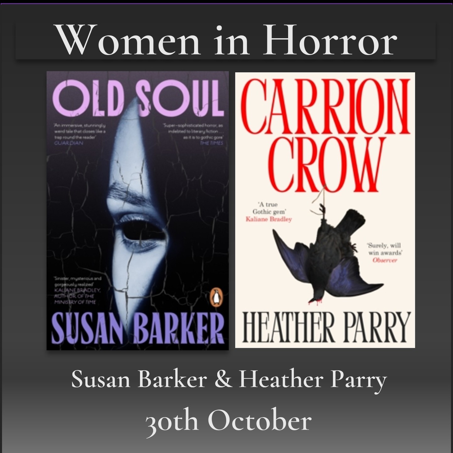 📣Event announcement!
Join us for a night of horror for the Spooky Season, in conversation with two incredible female horror writers for their paperback launches.
Susan Barker with Old Soul and Heather Parry with Carrion Crow - both firm shop favourites.
Thursday 30th October
Doors : 6.45pm
Event Start : 7pm
Tickets on sale in the shop or online.
About the books :
-Carrion Crow
A powerful and spine-tingling gothic tale exploring mother-daughter relationships, sexuality, and class.
-Old Soul
The most mesmerising, unsettling novel of 2025, perfect for fans of David Mitchell, Julia Armfield, and Margaret Atwood.
@heatherparrywriter @_sue_k_b
#bookshopevents #authortalk #stories #storytelling #bristolevents #bristolstorytelling
#indiebookshop #bristol #bristolbookshop #bookshop #bookstagramuk #bristolbookstagrammers #bookstagram #bookshopsofinstagram #bs5