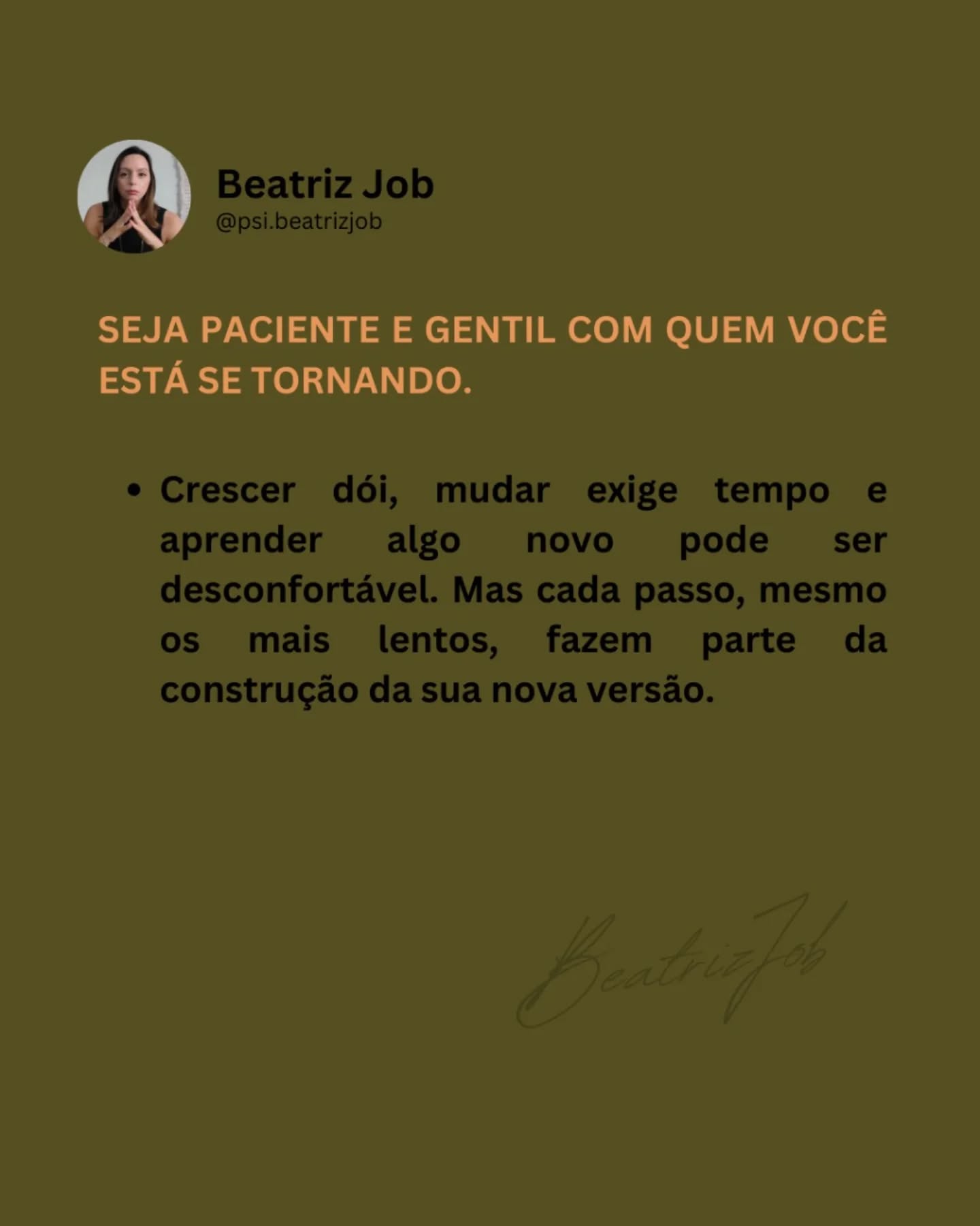 Até mesmo os passos mais lentos constroem grandes transformações!
--
Beatriz Job 🌻
Psicóloga CRP 06/139342
www.beatrizjob.com
#autocuidado #ᴀᴍᴏʀᴘʀᴏᴘʀɪᴏ #psicologia #psicanalise #ᴛᴇʀᴀᴘɪᴀᴏɴʟɪɴᴇ