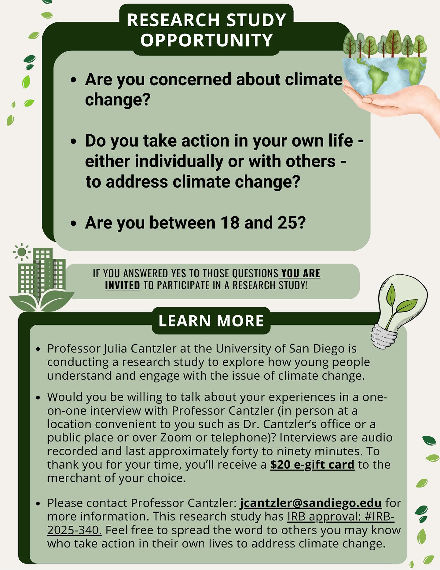 Do you care about climate change? If so, Dr. Cantzler would love to talk to you!