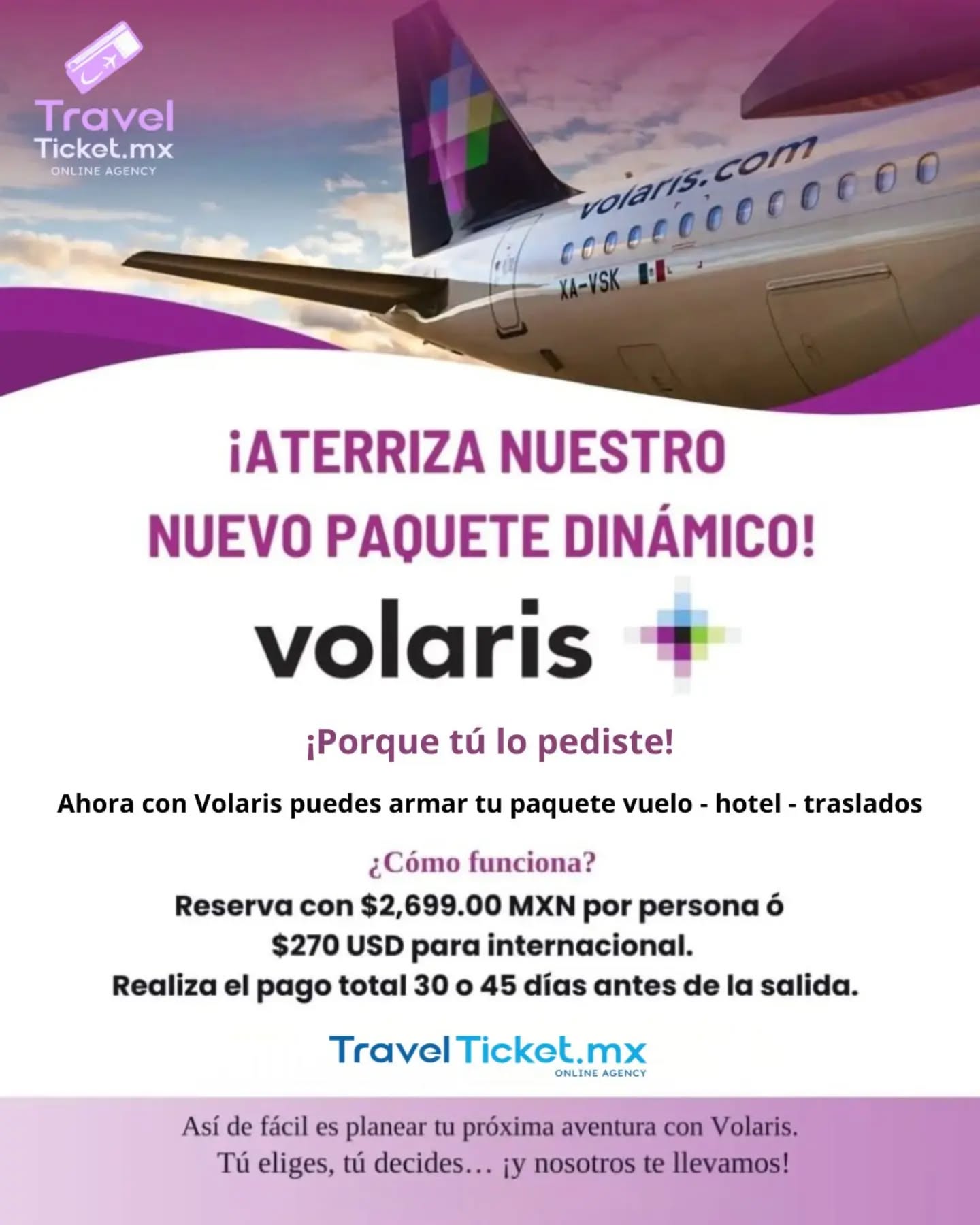 โจโ๏ธ ยกAmigos viajeros! โ๏ธโจ
Ya pueden asegurar sus prรณximas vacaciones ๐๏ธ con Volaris desde tan solo $2,699 MXN por persona de anticipo ๐ฑ๐
๐ Con este monto separas tu paquete completo con vuelo, hotel y traslados ๐๐จโ๏ธ
Asรญ te aseguras de no quedarte fuera y viajar sin preocupaciones.
๐ฒ Escrรญbenos y arma tu paquete vacacional hoy mismo con @travelticket.mx ๐