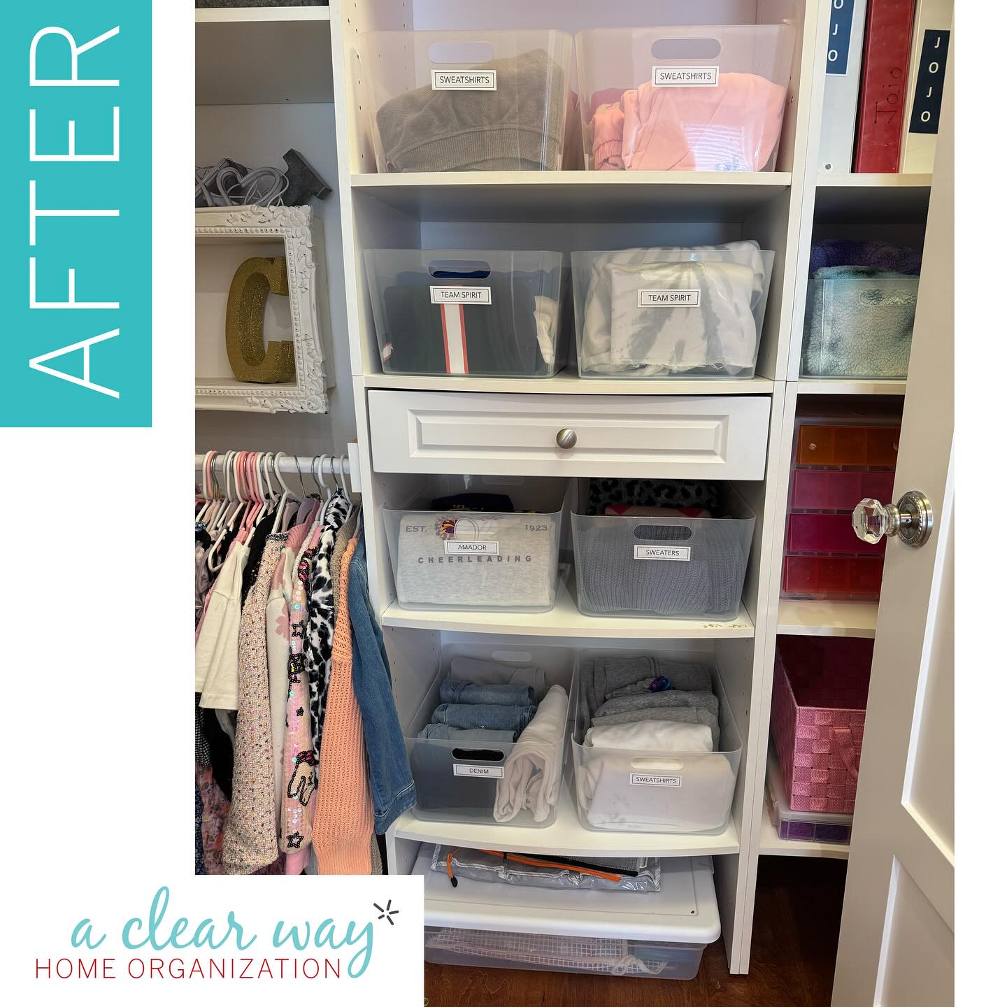 Shared closet for 2 pre-teen girls gets a much needed refresh before school starts. Much easier to focus on school and get ready for after school sports in an organized room!