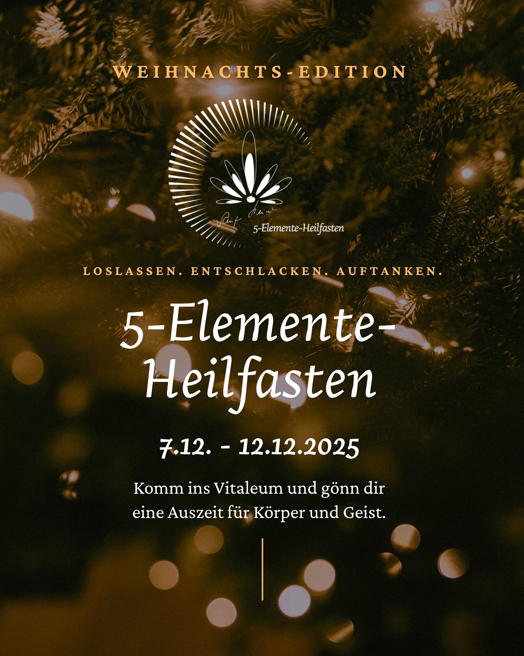 ✨ Noch einmal bewusst Kraft schöpfen, bevor das Jahr zu Ende geht.
Unser nächster Termin für das 5-Elemente-Heilfasten im @vitaleum_resort:
📅 7.–12. Dezember 2025 | Thüringen
🍃 5 Tage Heilfasten nach den 5 Elementen – entschleunigen, entgiften, regenerieren.
Für alle, die Körper und Geist in Einklang bringen und mit neuer Energie ins neue Jahr starten möchten.
✅ Sanfte Begleitung durch erfahrene Fastenleiter:innen
✅ Yoga, Achtsamkeit & regionale Kräuter
✅ Traumhafte Naturkulisse im @vitaleum_resort
Mehr Infos & Buchung:
🌐 www.5-elemente-heilfasten.de
📞 03647 / 16 33 30
#5elementeheilfasten #fasten #vorweihnachtszeit