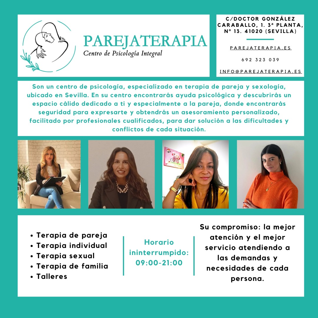 ¡¡NUEVO COLABORADOR!!
Desde Sevilla, hoy presentado a ParejaTerapia, un Centro de Psicología Integral pero especializado en la Terapia de Pareja y Sexología.
Su potente equipo humano con amplia formación específica es muestra de que se toman las cosas muy enserio.
No solo terapia, en este centro podrás asistir a talleres y cursos de temáticas como Mindfulness, Habilidades sociales, Inteligencia emocional, Arteterapia...
Sin duda, un centro de referencia para parejas y familias en Sevilla que ahora cuenta con los servicios de Psicología Forense M.Q.
💜 #colaboradores #psicología #peritajespsicológicos