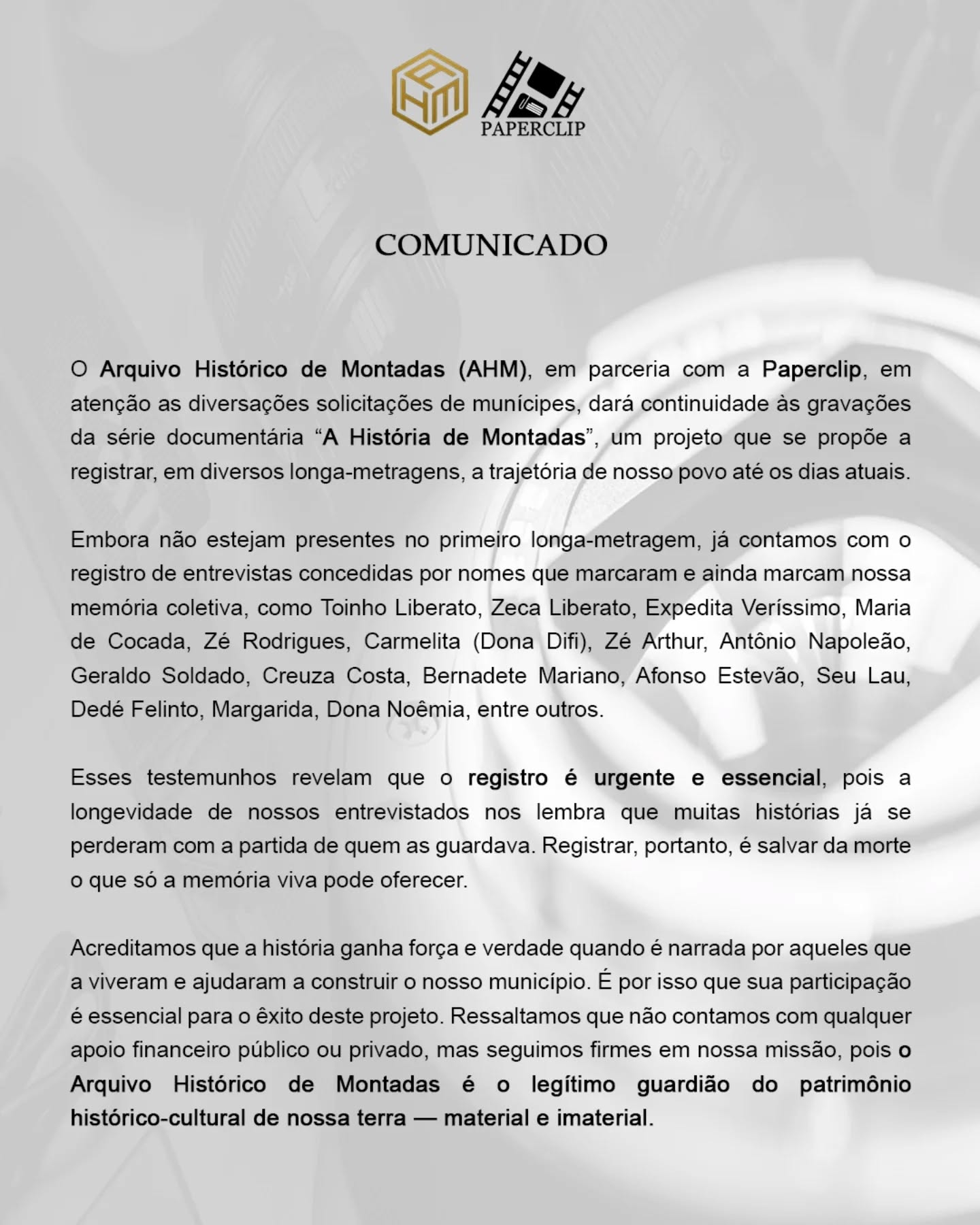 📽️ A História de Montadas continua sendo escrita com a voz de seu povo.
O Arquivo Histórico de Montadas segue registrando memórias, histórias e vivências que não podem se perder.
🎬 Se você conhece alguém que guarda lembranças valiosas, nos ajude a preservá-las.
#AHM #HistóriaDeMontadas #MemóriaViva #PatrimônioCultural