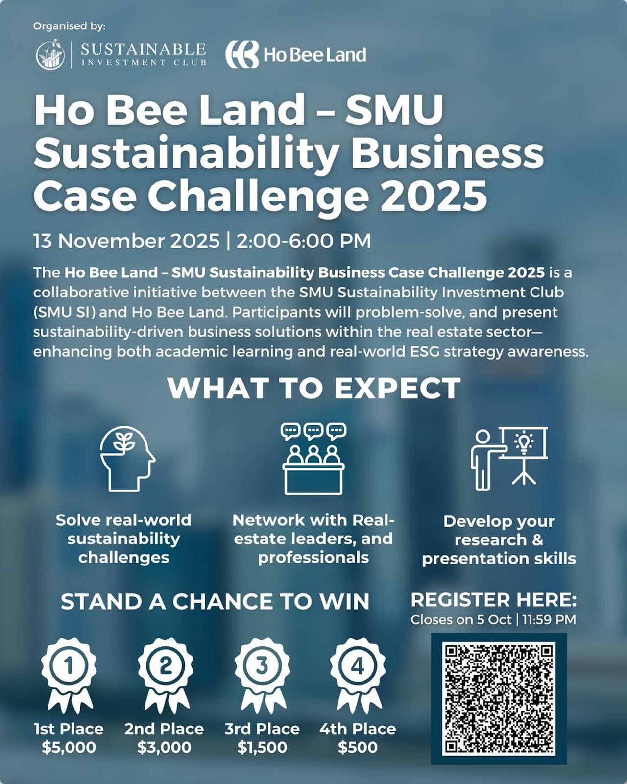 š¢āØ Ho Bee Land x SMU Sustainability Challenge 2025 āØš¢
Ready to tackle real-world sustainability challenges in real estate? š±
Why Join? š¤
šÆ Solve actual industry problems
š° S$10,000 prize pool up for grabs!
š¤ Network with industry leaders & mentors
š Level up your problem-solving skills
Who Can Join? š„
All undergrad & postgrad students
Teams of 3-4 members
Individual sign-ups welcome too!
Key Dates š
5 Oct - Registration closes ā°
8 Oct - Case release & workshop š
20 Oct - Written submission due āļø
31 Oct - Finalists announced š
13 Nov - Final presentations & networking š£ļø
This is your chance to make an impact in sustainability while building valuable connections!
