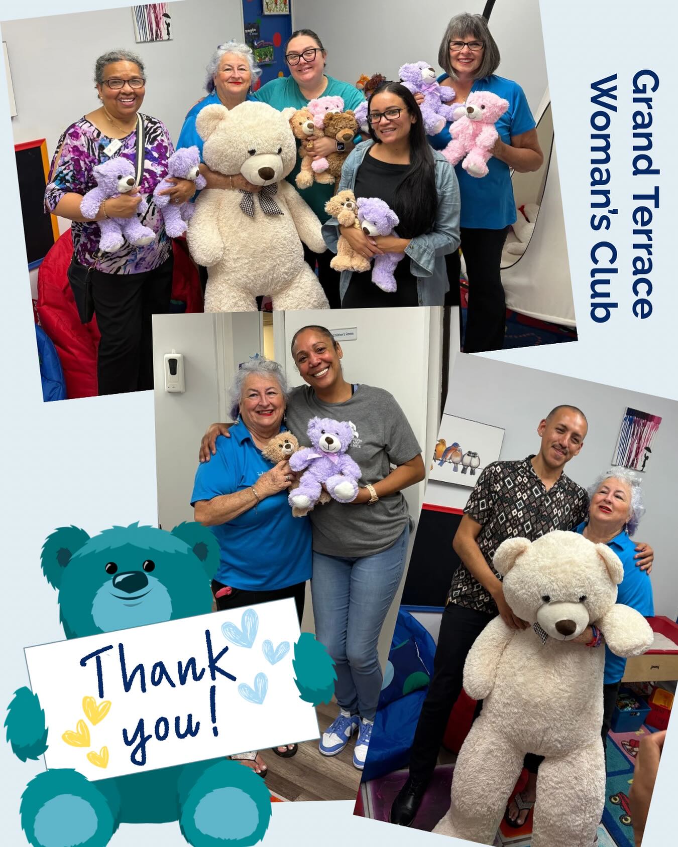 We want to give a big ‘thank you’ to the Grand Terrace Women’s Club for donating these lovable Teddy bears for our youth survivors. We are grateful for your partnership. 🧸 ❤️