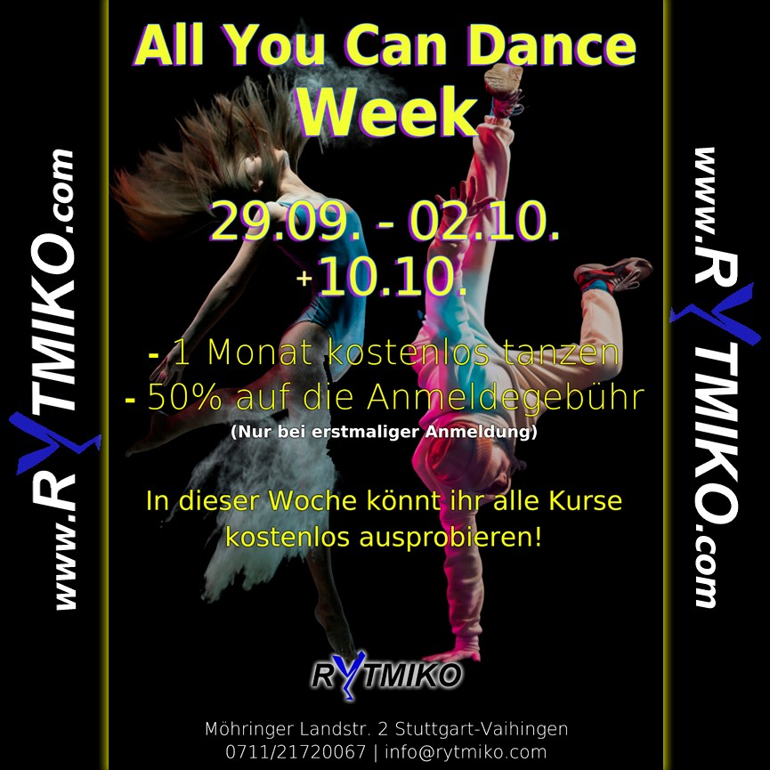 Diese Woche könnt ihr all unsere Kurse kostenlos testen.
<
Keine Voranmeldung, keine Bedingungen, keine Kosten! Einfach vorbeikommen und Spaß haben.
<
Bis einschließlich 10.10. könnt ihr von unserem Anmeldespezial profitieren und sparen. Wir freuen uns auf euch!