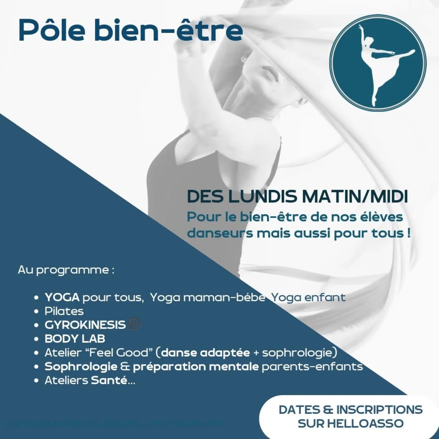 NOUVEAU RENDEZ-VOUS POUR PRENDRE SOIN DE VOUS grâce à l’ouverture de notre pôle bien-être!
📍 Des lundis matins à La Cinquième Arabesque
👨👩👧 Pour les danseurs, les parents, les grands-parents…
Sans limite d’âge – ouvert à toutes et tous !
Au programme de ce premier trimestre :
🧘♀️ Yoga pour tous, et 🤱 Yoga maman-bébé, Yoga enfant
💪 Pilates
🌊 Gyrokinesis
🔬 Body Lab
💃 Atelier Feel Good (danse adaptée + sophrologie)
🌀 Sophrologie & préparation mentale parents-enfants
📅 Découvrez ici le planning du premier trimestre!
Le premier atelier aura lieu le 22 septembre :
👉 Yoga pour toutes et tous, avec la merveilleuse Rym ✨
Inscriptions en ligne sur notre page HelloAsso – La Cinquième Arabesque (lien en bio)
Nous vous présenterons très bientôt l’ensemble de nos intervenants afin que vous puissiez découvrir leurs univers.
Nous avons hâte de vous retrouver pour partager ces moments uniques de mouvement, de respiration et de bien-être 💓.
Nous restons à votre disposition pour toute information complémentaire.
Dansons, et Respirons !
L’équipe de La Cinquième Arabesque
Avec @marie_girard_inspiration_mg
#eysinesmaville #eysines #eysinesculture #bordeaux #bordeauxmaville #bordeauxmetropole #lacinquiemearabesque #bassindarcachon #arcachon #saintmedardenjalles #lehaillan #lebouscat #bruges #Blanquefort #parempuyre #merignac #merignacmaville #yoga #pilates #BienÊtreEnMouvement #bienêtre #danse #DanseEtBienÊtre #ballettodanceshop#bodylab #gyrokinesis® @manou_damaye @apaso_sante
