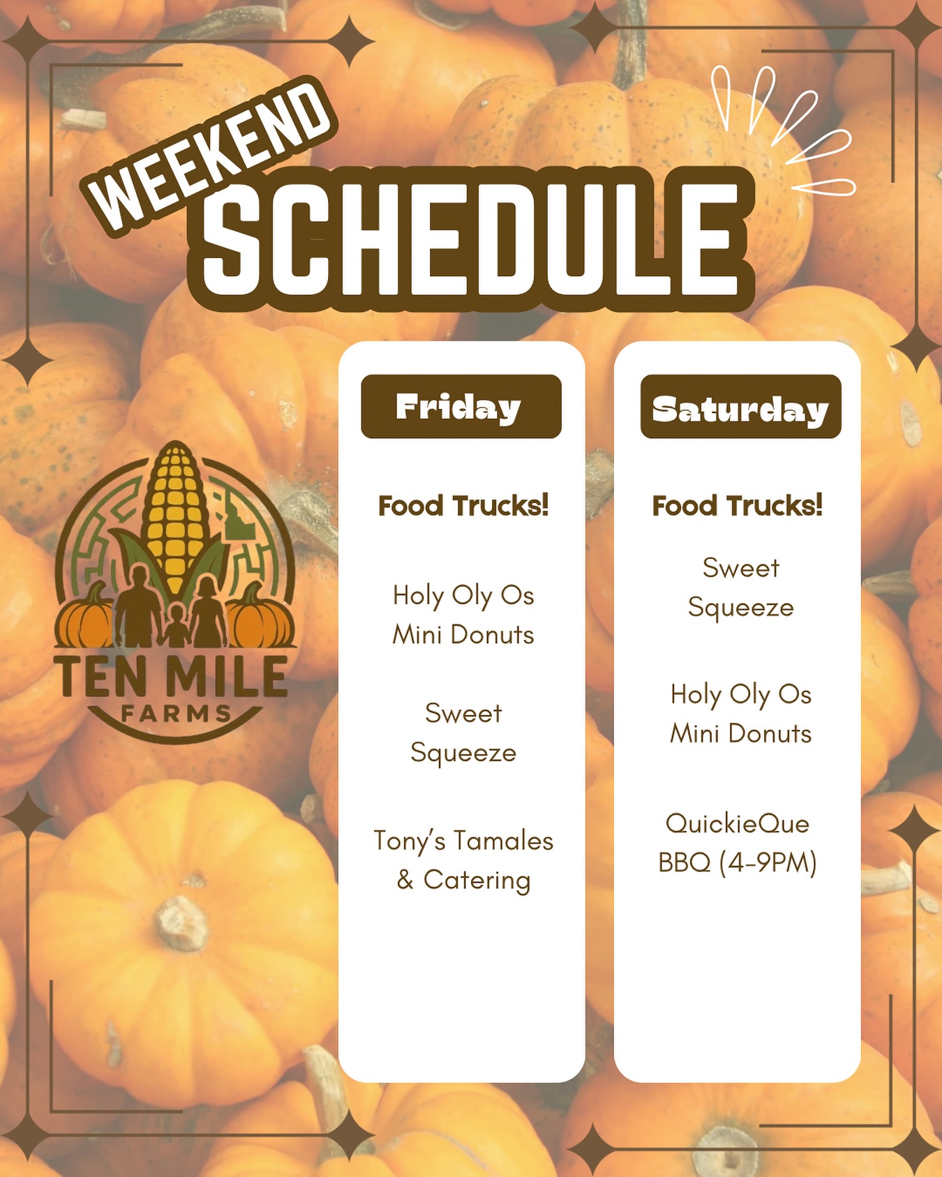 ๐๐ฝ๐ Weekend plansโฆ check โ
Come wander the corn maze, pick the perfect pumpkin, and bring your appetite because FOOD TRUCKS are rolling in all weekend long! ๐๐ฅค๐ฉ From savory bites to sweet treats, thereโs something for everyone.
โจ Pumpkins โ๏ธ
โจ Corn maze adventures โ๏ธ
โจ Food trucks โ๏ธ
โจ Family fun โ๏ธ
Grab your crew, your sweater weather vibes, and weโll see you at the patch! ๐
#cornmaze๐ฝ #pumpkinpatch๐ #meridianidaho #hellomeridian #weekend #foodtrucks #familyfun