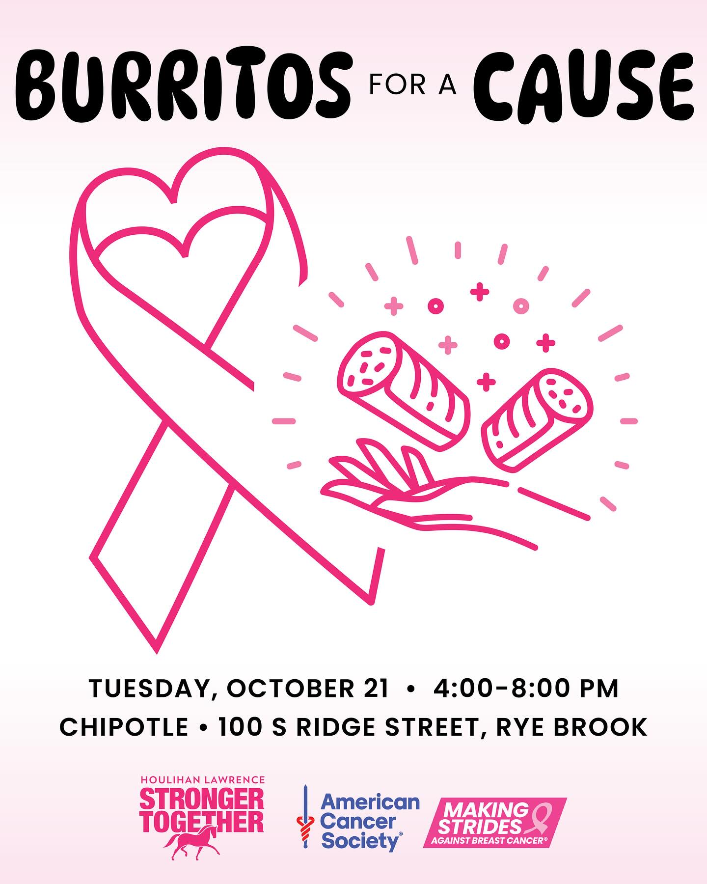 Support Houlihan Lawrence’s Stronger Together initiative to benefit the American Cancer Society’s Making Strides for Westchester-simply by dining at Chipotle! 🌯
Show the fundraiser flyer on slide 2 (printed or on your phone) or tell the cashier you’re there for the fundraiser before you pay. If you don’t mention the fundraiser, the purchase will not count toward the total.
You can also order online. Use the code J264P8X at checkout to ensure your order is counted.
Full info is on slide 3 of this carousel. I hope to see you there! If you cannot join that day but would still like to donate, click the 🔗 on my profile! 🩷
@makingstrides914