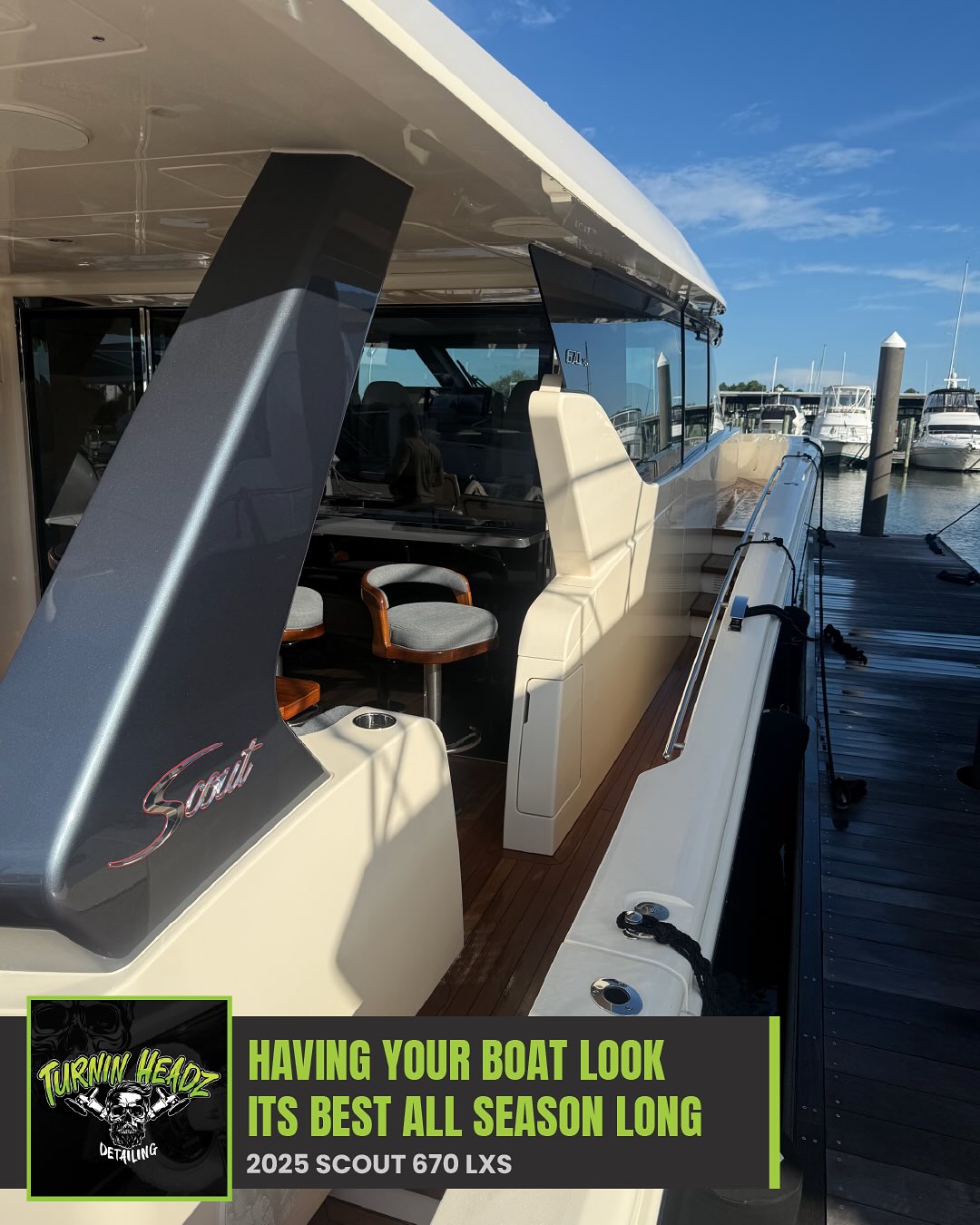 Check out the work we’ve done on Marinemax’s fleet. Recent work- making this 2025 Scout 670 LXS shine.