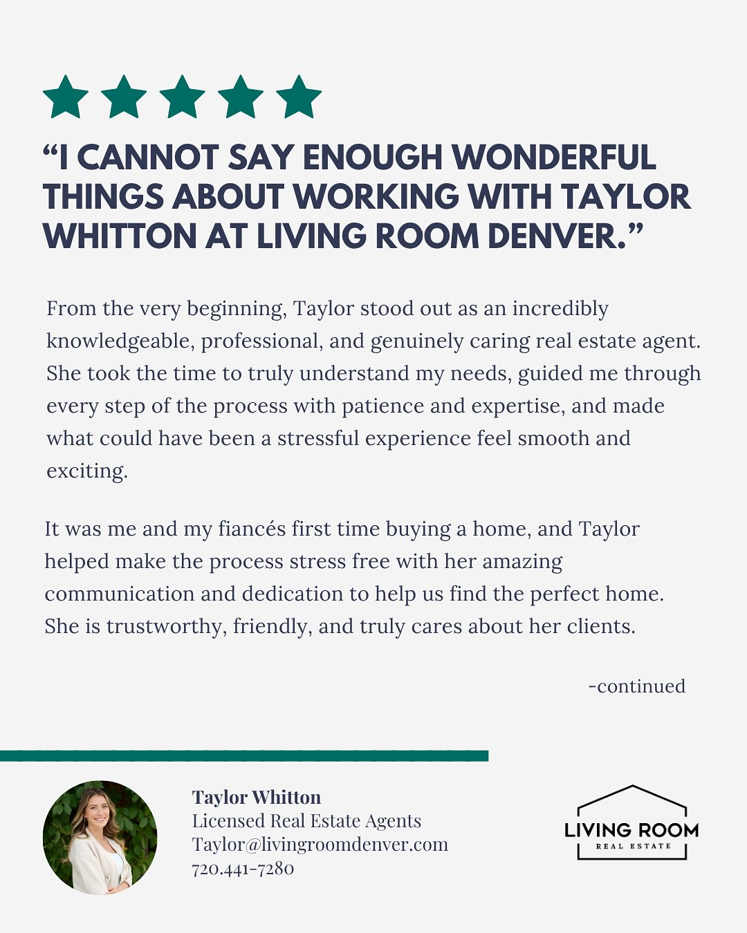 ✨ Feeling so grateful for clients like Natalea and Brian! 💛 Thank you both for your thoughtful words and for trusting me to guide you through your home search. It means the world to know you not only found the perfect home, but also felt cared for every step of the way.
I’m proud to do the work we do at Living Room Denver. Together, we’re here to make your real estate journey a positive and memorable one. 🏡✨
#LivingRoomDenver #ClientLove #Taylorwhitton #TestimonialTuesday #DenverRealEstate