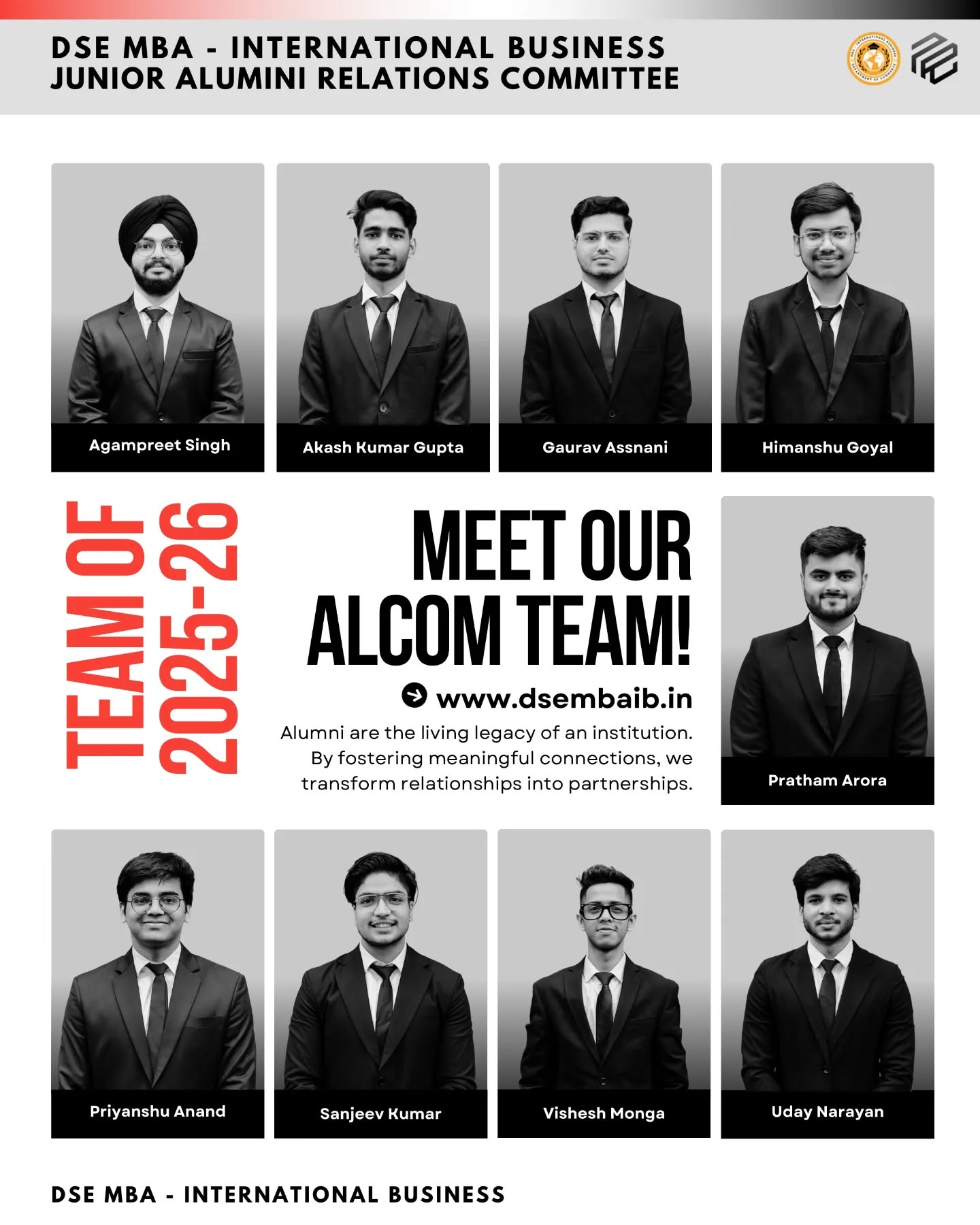 "We are proud to announce the Alumni Relations Committee team for MBA (International Business), Department of Commerce, Delhi School of Economics – Batch 2025–27!
The Alumni Relations Committee has always played a key role in nurturing lifelong bonds between the institute and its distinguished alumni network. By fostering connections, organizing interactions, and celebrating achievements, it ensures that the alumni community continues to inspire and guide current students.
This new team steps in with enthusiasm and commitment to strengthen these ties further, creating opportunities for mentorship, engagement, and collaboration. As they begin their tenure, we wish them success in carrying forward the legacy and building bridges that last well beyond the classroom.
#DSE #DelhiSchoolOfEconomics #DepartmentOfCommerce #MBAIB #AlumniRelationsCommittee #Batch2025_27 #TeamAnnouncement