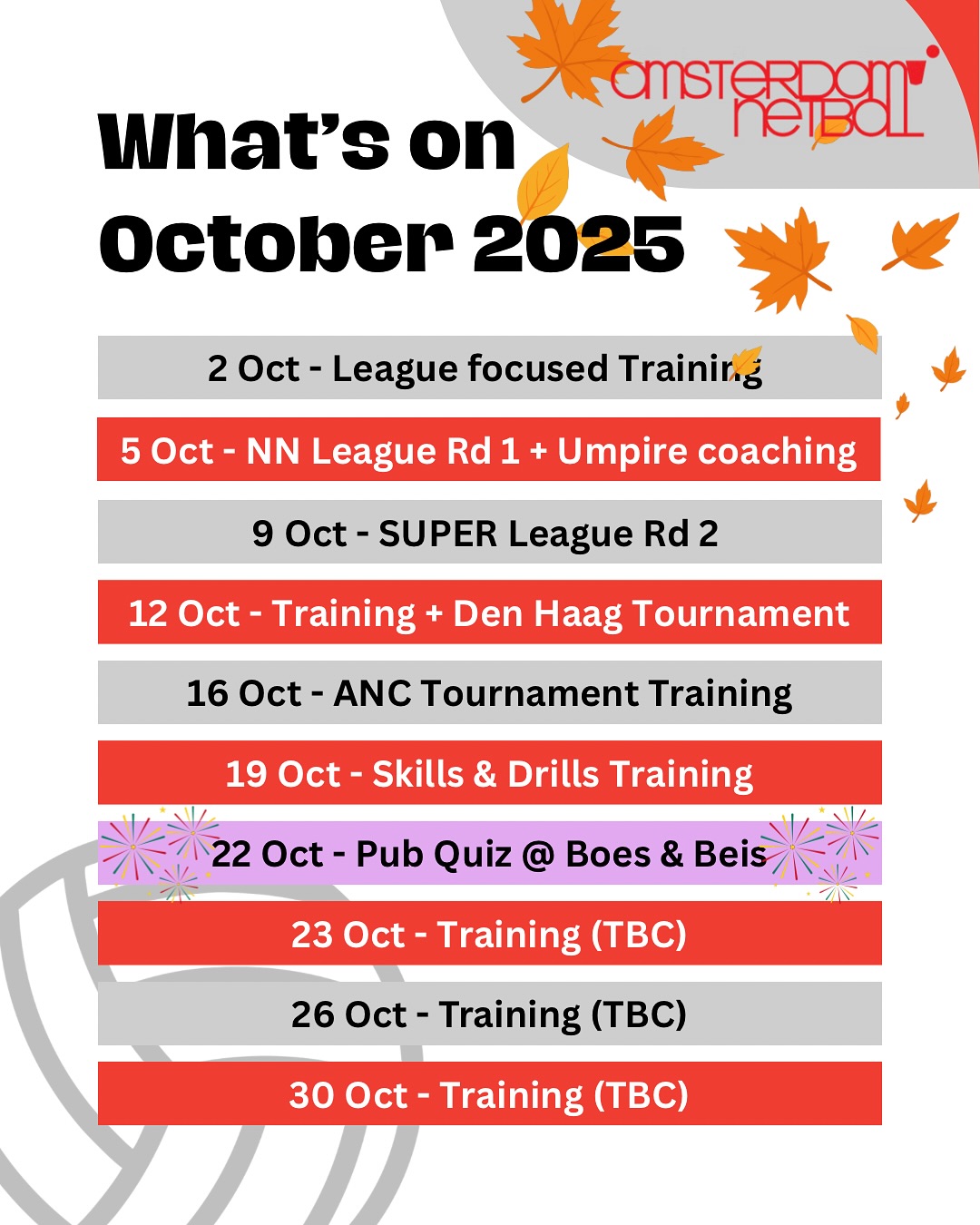 🍁 How is it October?! Winter is coming but we don’t mind because that means netball is BACK! 🏐🏐 It’s a busy time for ANC, we’ve got the first round of the @netballnetherlands National League this weekend, and preparations are underway for our TOURNAMENT next month. So many wonderful club members are volunteering their time to make this community happen ❤️❤️ @heathergildie & @hannahpahor still into the President role together, @dellebenton supporting league trials, @oatez_babes and @bee_raddd organising everyone’s favourite tournament, our training committee @shane_strydom @hannah.green__ @fi_jarden Hannah P and Delle arranging sessions and SUPER League, and @jessfech doing our social events. You all do so much for the club ❤️ We appreciate you!