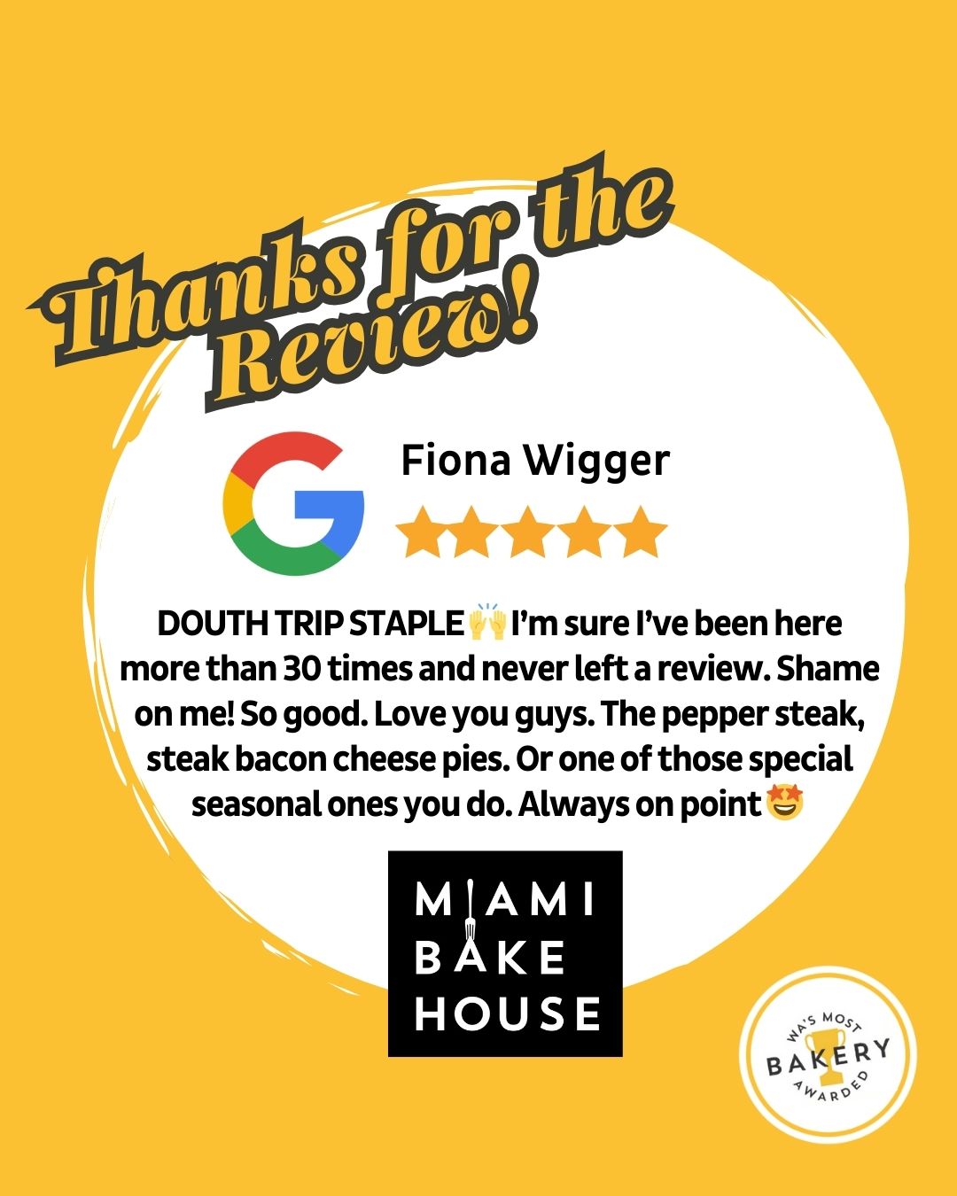 Thank you for your amazing review Fiona! Our team appreciates your lovely words and are happy to hear you enjoy our gourmet food selection.
You can share your thoughts too! Let our friendly team know how you found your experience with us through the link in our bio and enter our monthly draw to win a $100 Miami Bakehouse Gift Voucher.