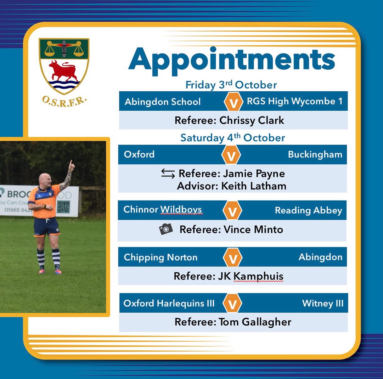 And this weekend’s fixtures are out!
This season has been a bit of a struggle already, but we are trying to confirm fixtures whenever they come through, working around referee availability. It’s the great part about refereeing (your availability is yours to manage) but it does mean that we are always keen to recruit and never quite have enough people to go around.
Nevertheless, we can confirm most of the weekend appointments now - it’s another busy one for the leagues, after a busy midweek as well.
So - don’t forget to show your ref some appreciation!
#keepyourbootson #takeupthewhistle #bepartoftheteam🌹