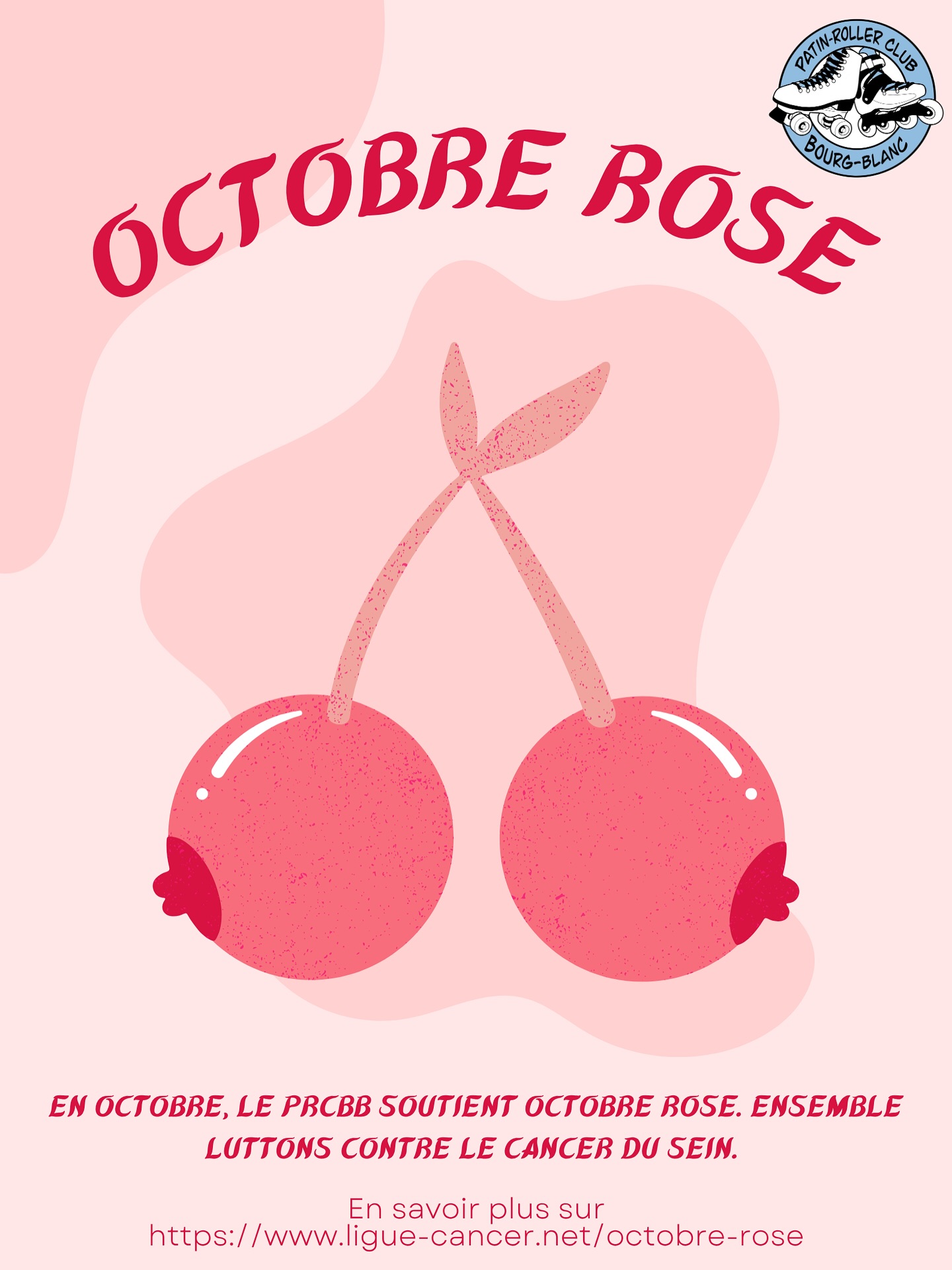 🎀 Octobre Rose 🎀
En octobre, le PRCBB s’habille de rose pour rappeler que chaque geste compte dans la lutte contre le cancer du sein. 💕
Octobre Rose, c’est un mois pour soutenir les femmes touchées, pour rendre hommage à celles qui se battent ou se sont battues, et pour rappeler l’importance du dépistage précoce. 🌸
Ensemble, nous roulons pour plus qu’un sport : nous roulons pour la vie. 🛼💗
#OctobreRose #PRCBB #Solidarité #ensemblecontrelecancer