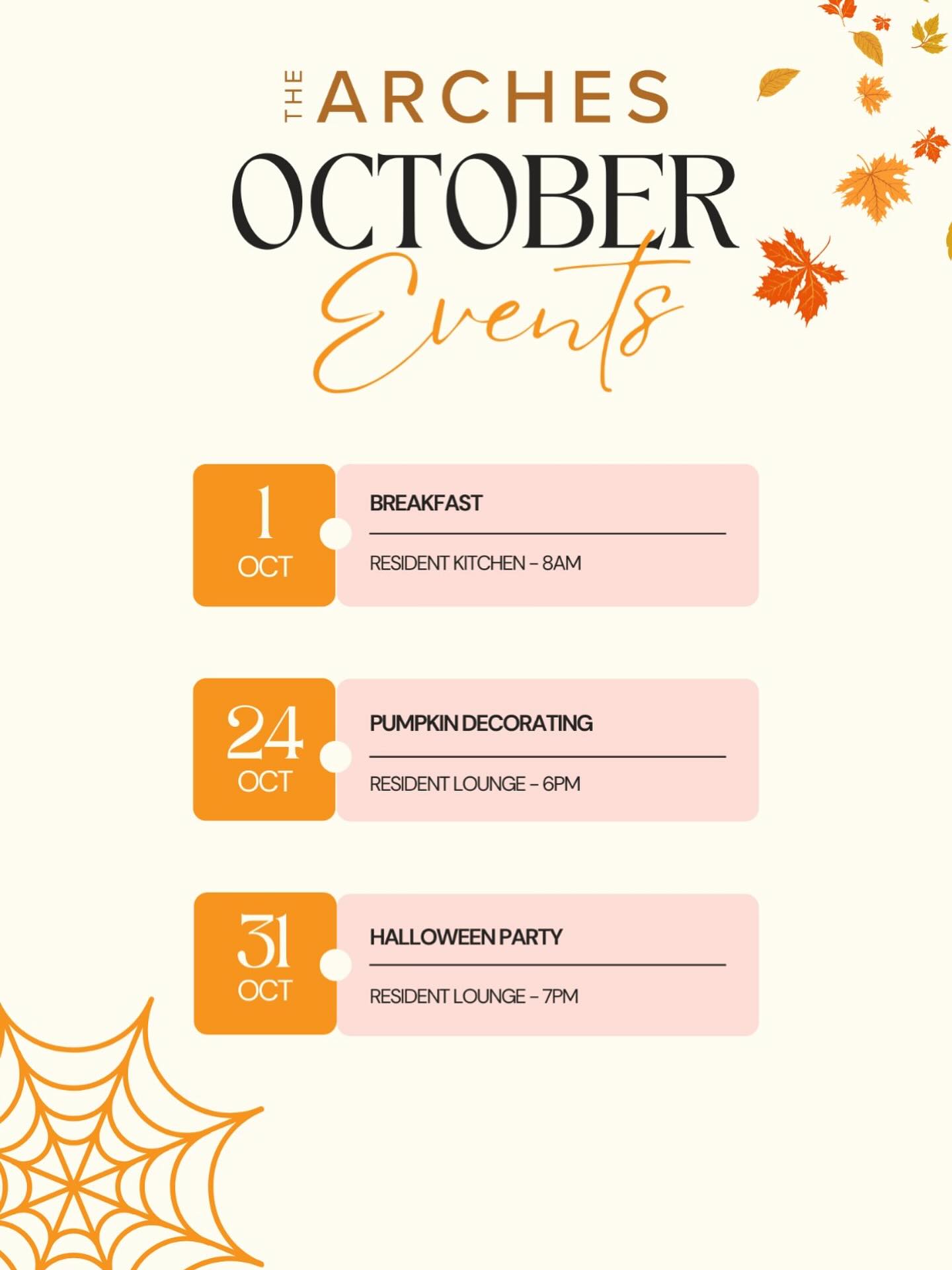 The wait is over - The Arches Events are back!🥳 We have missed bringing our Community together, and October the perfect month for a return! 🎃Join us for plenty of autumn, cozy vibes & spooky fun in the resident lounge🍂✨🧡👻