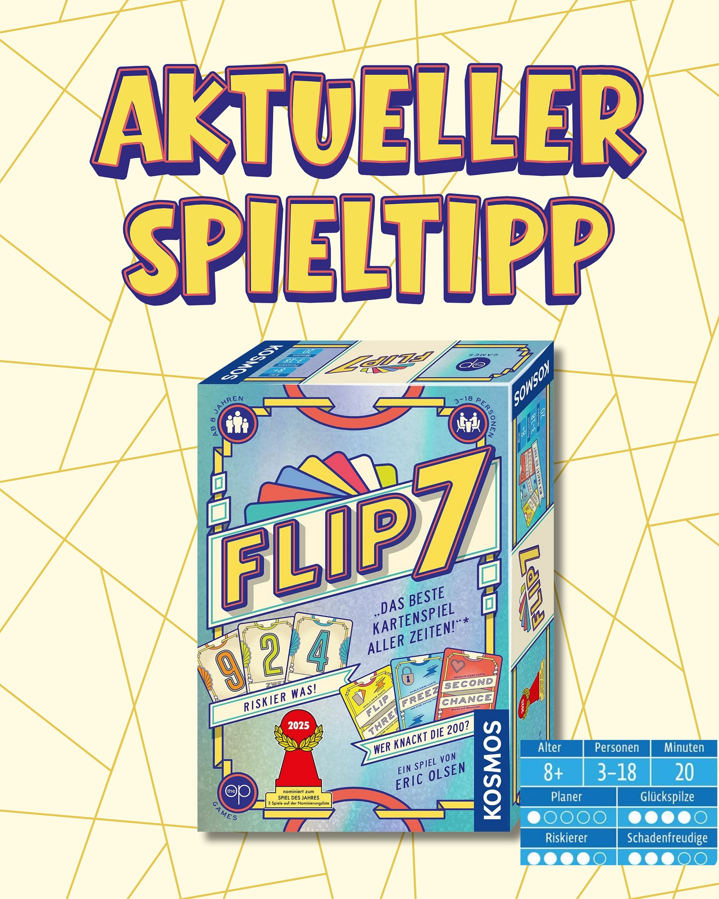 Die Abende werden wieder dunkler, die Temperaturen kälter und es ist Herbst 🍂 
Die Zeit, in der man gerne gemütlich am Küchentisch sitzt und lustige Spieleabende verbringt! Dafür haben wir euch mal wieder einen Spieltipp: #flip7, ein Kartenspiel, das den Spieler in dir zum Vorschein bringt! Wagst du es, noch eine Karte zu ziehen und schaffst es, Flip7 zu erreichen, ohne dich zu verzocken? 
Ein lustiges Kartenspiel für Runden ab 3 Personen! Selbstverständlich bei uns erhältlich!
#freypapeterie #dagmersellen #kosmos