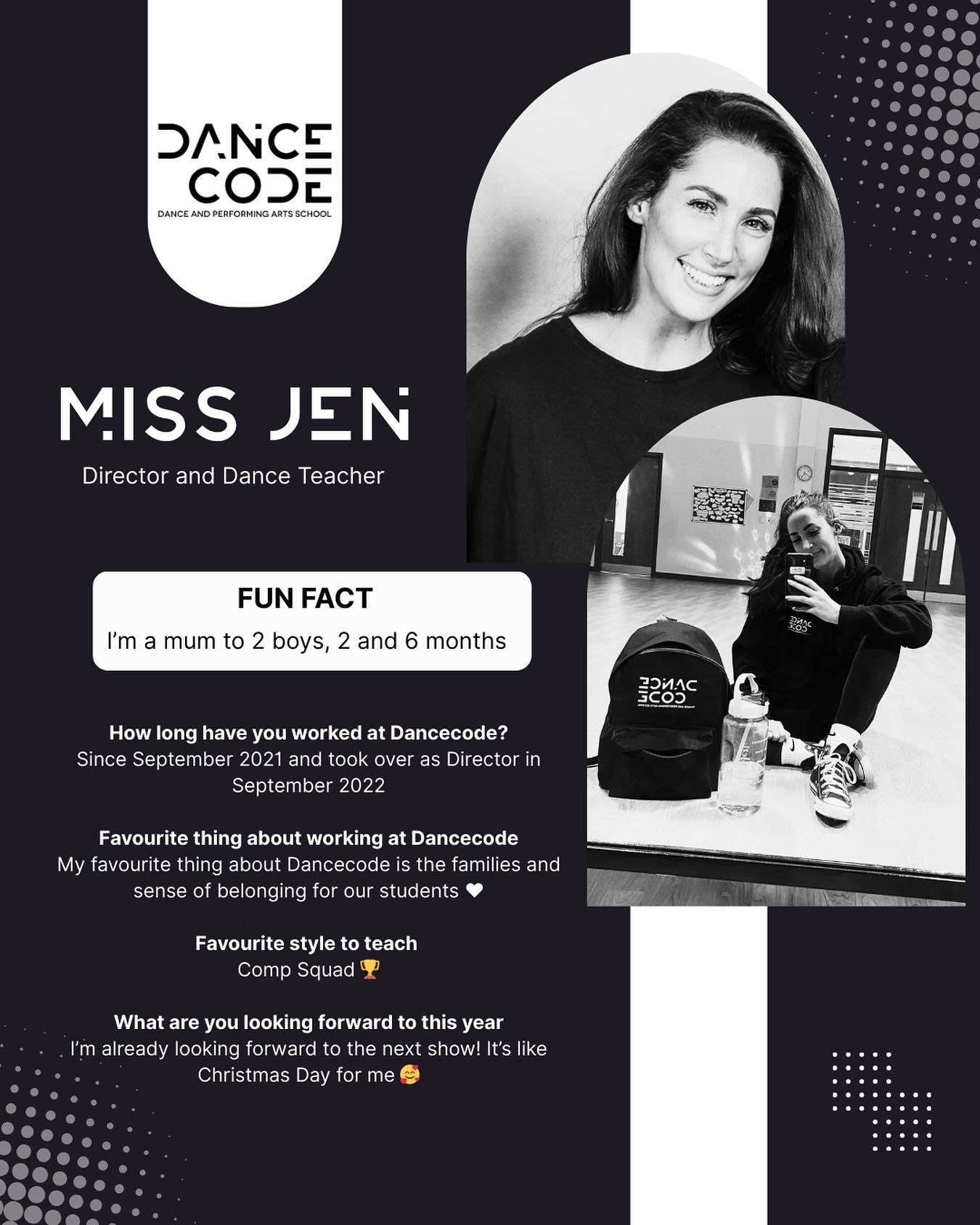 ✨ MEET MISS JEN ✨
Our amazing Principal here at Dancecode! 💃
Miss Jen brings her passion for dance, inspiring students to be confident, creative and always have fun on stage. 🎭🎶
With years of experience and a love for all things dance, she’s dedicated to helping every child shine in their own spotlight. 🌟
We’re so lucky to have her leading our dance family! 💛
