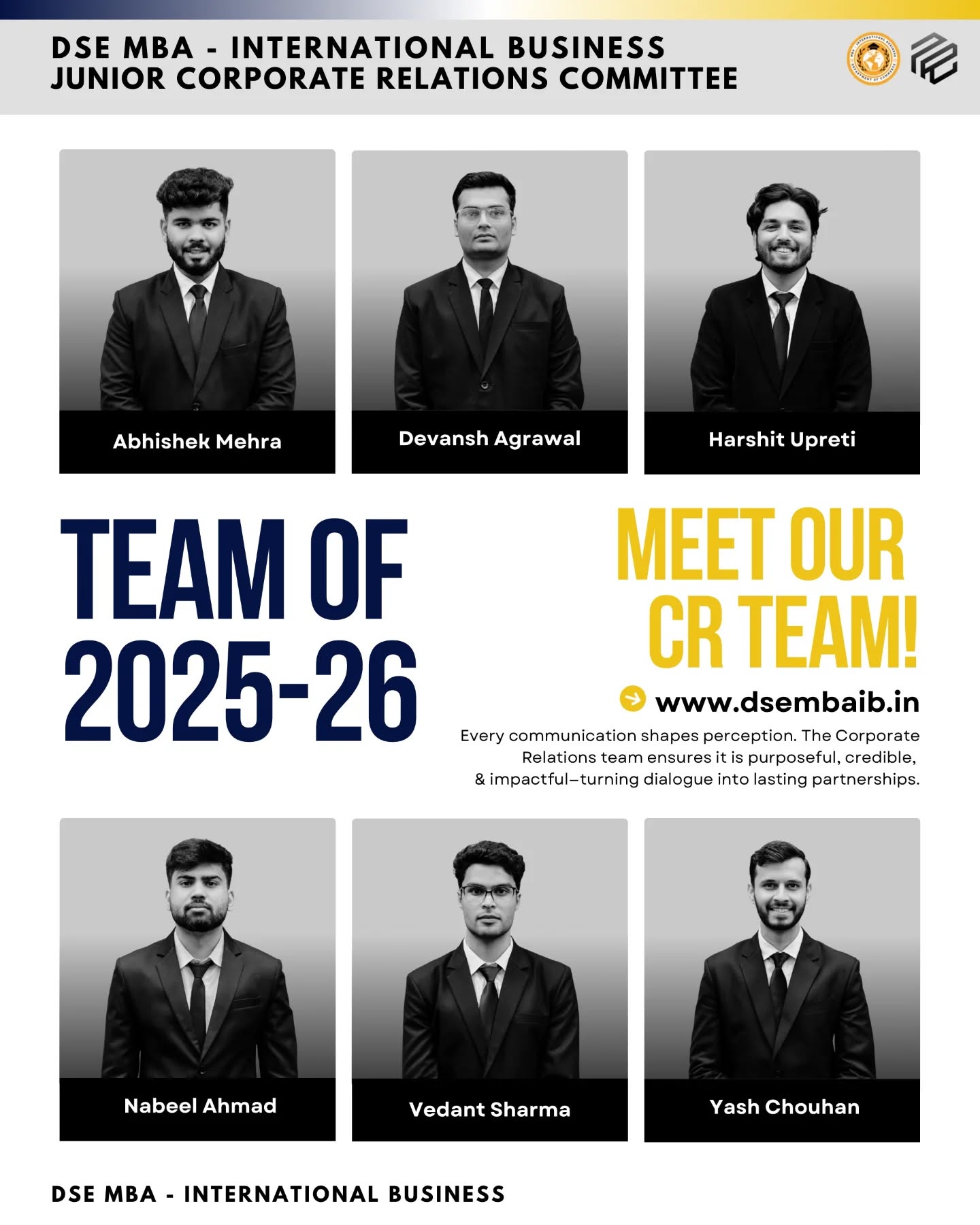 "We are delighted to present the Corporate Relations Committee team for MBA (International Business), Department of Commerce, Delhi School of Economics – Batch 2025–27!
The Corporate Relations Committee plays a pivotal role in connecting students with industry, building meaningful partnerships, and creating opportunities for career growth. Over the years, it has served as the bridge between academia and the corporate world through placements, internships, and industry interactions.
The new team now takes on this responsibility with dedication, professionalism, and vision to further strengthen these relationships. As they embark on this journey, we wish them success in expanding networks, fostering collaborations, and shaping pathways for the batch to excel in the corporate arena.
#DSE #DelhiSchoolOfEconomics #DepartmentOfCommerce #MBAIB #CorporateRelationsCommittee #Batch2025_27 #TeamAnnouncement