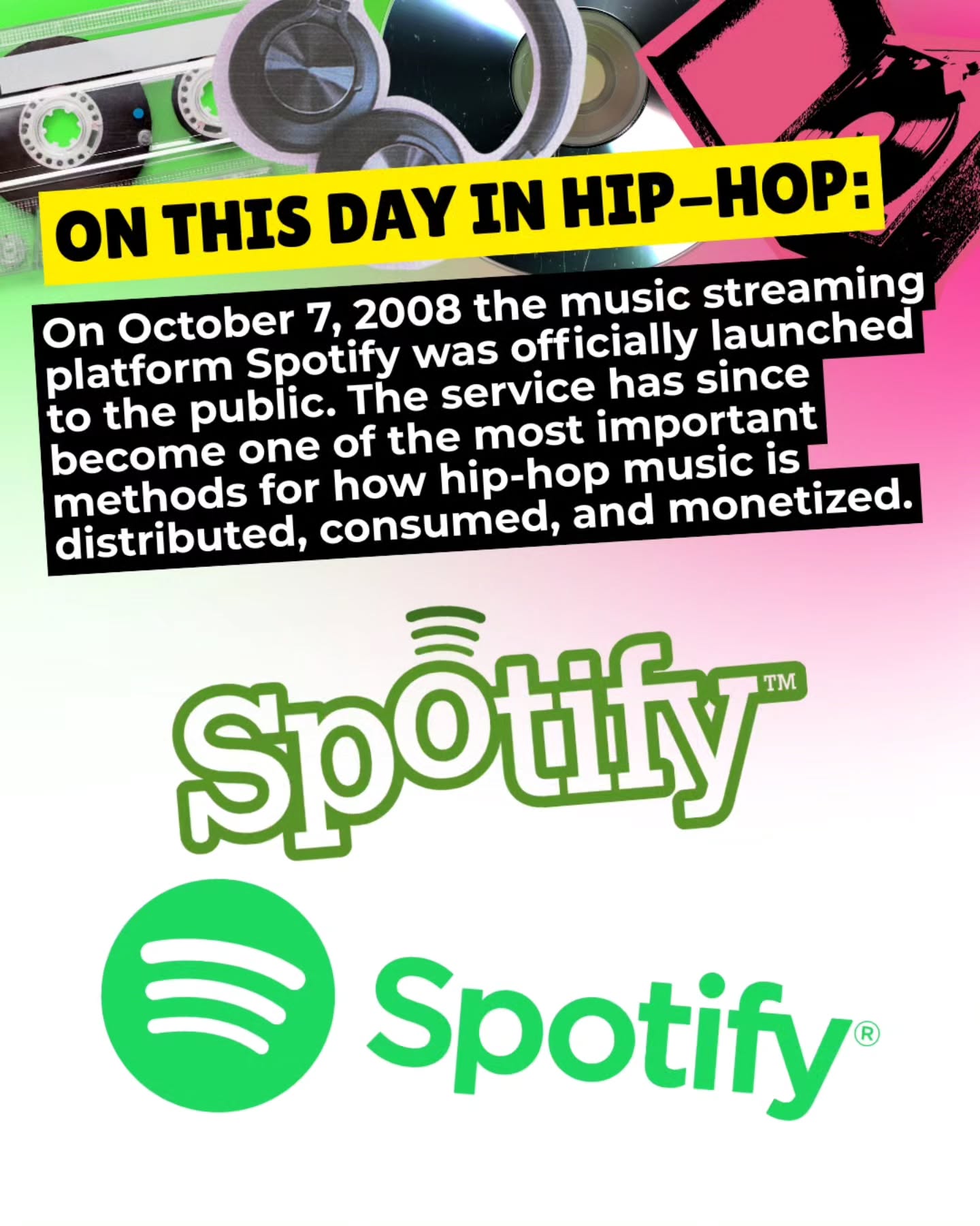 @spotify, did you know today is your birthday?! Happy Birthday to you and the platform you've created for hip-hop and other genres of the music industry 🎉