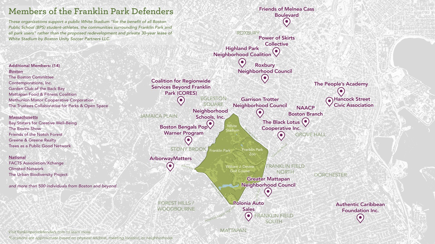 🌳💪 We are not alone in this fight!
Dozens of community, environmental, education, and justice groups stand with us to protect Franklin Park and keep White Stadium fully public.
Check out our new support map 🗺️ showing all of the organizations backing this movement. Together, we are powerful — and growing.