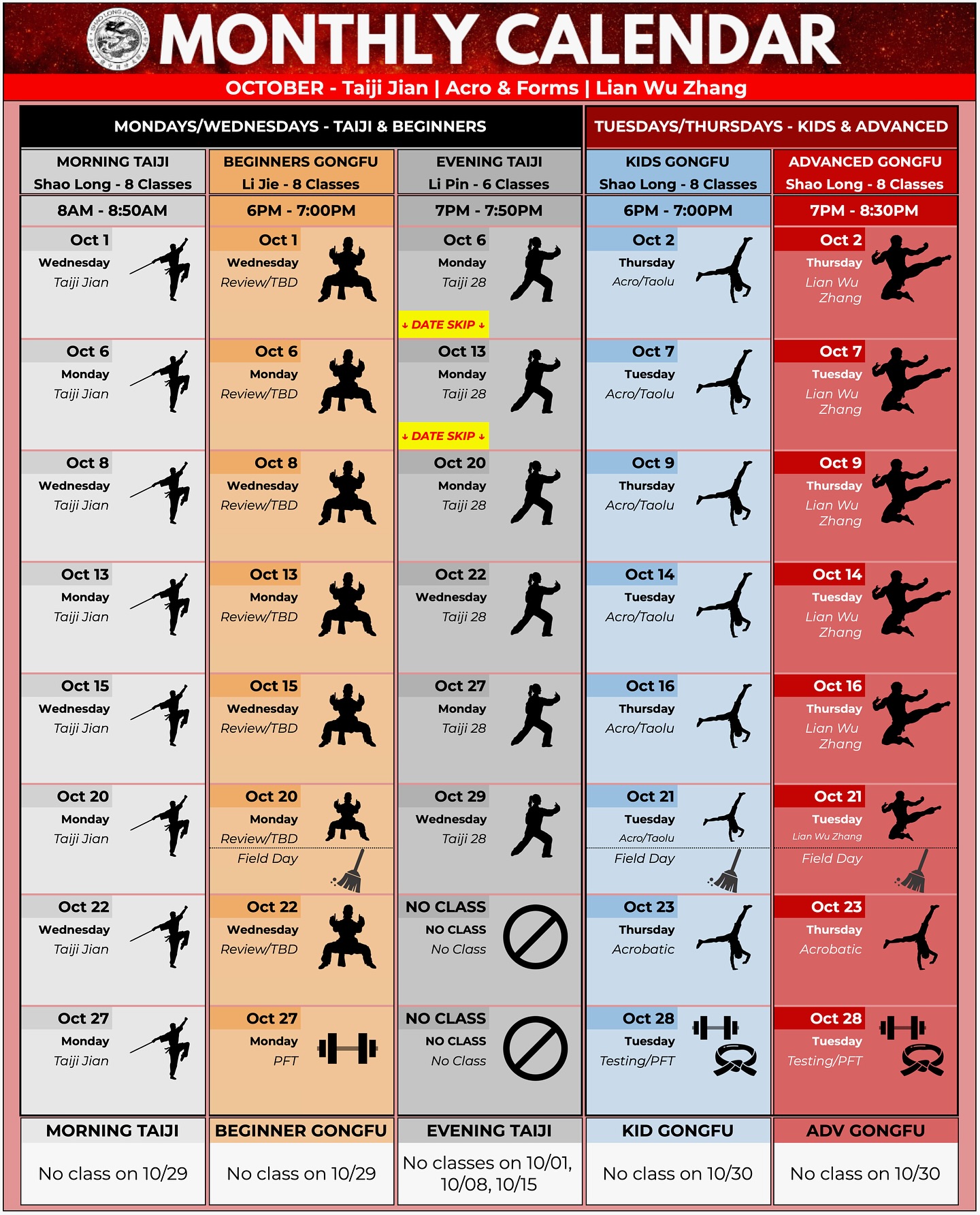 🎃👻🍬 Happy October students. Evening Taiji resumes on October 6th. Please check the calendar for your schedule since October has skipped dates. See you all in class #shaolongacademy #chinesemartialarts #utah